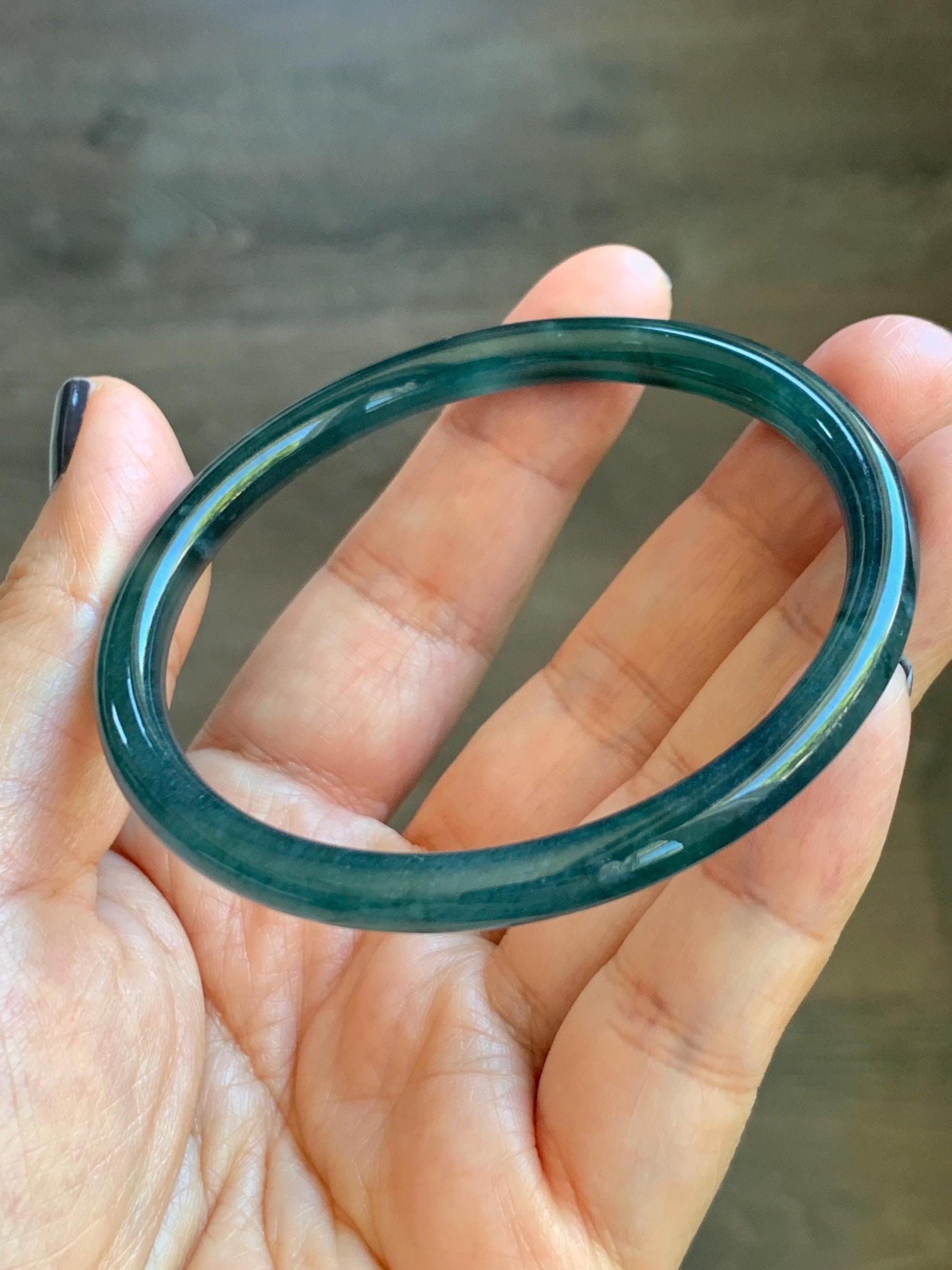 Certified Natural Grade A Guatemalan Icy Translucent Dark Teal Blue Marbled Jade Jadeite Slim Bangle 58.2mm 7.19” 天然冰胶危深蓝飘花翡翠细圆条手镯 513