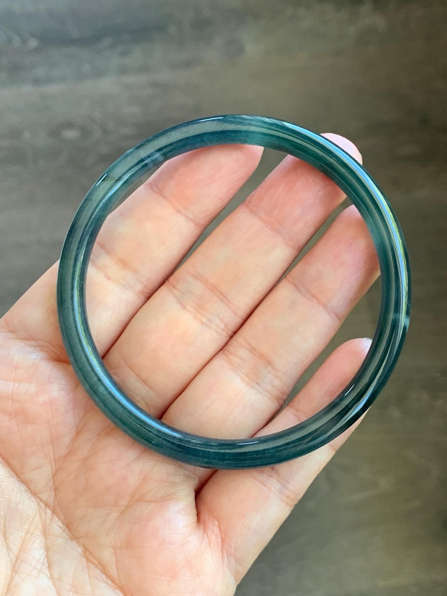 Certified Natural Grade A Guatemalan Icy Translucent Dark Teal Blue Marbled Jade Jadeite Slim Bangle 58.2mm 7.19” 天然冰胶危深蓝飘花翡翠细圆条手镯 513