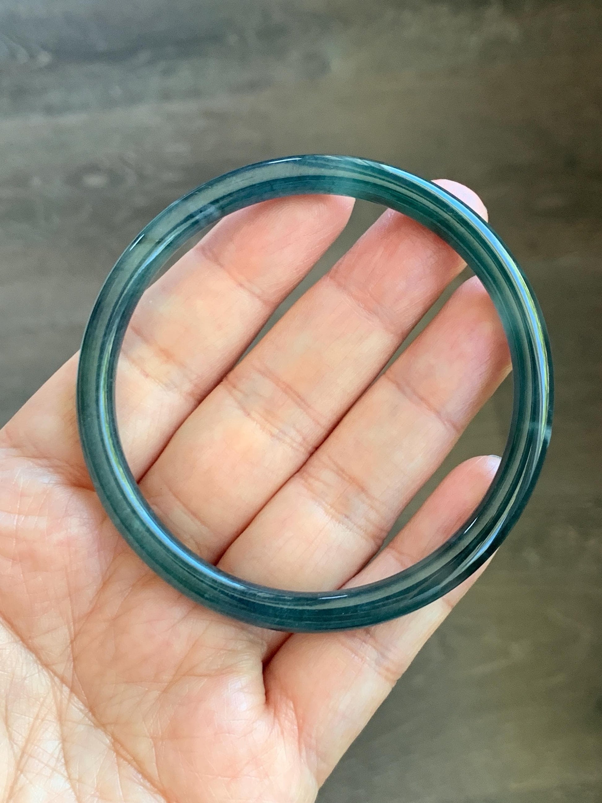Certified Natural Grade A Guatemalan Icy Translucent Dark Teal Blue Marbled Jade Jadeite Slim Bangle 58.2mm 7.19” 天然冰胶危深蓝飘花翡翠细圆条手镯 513