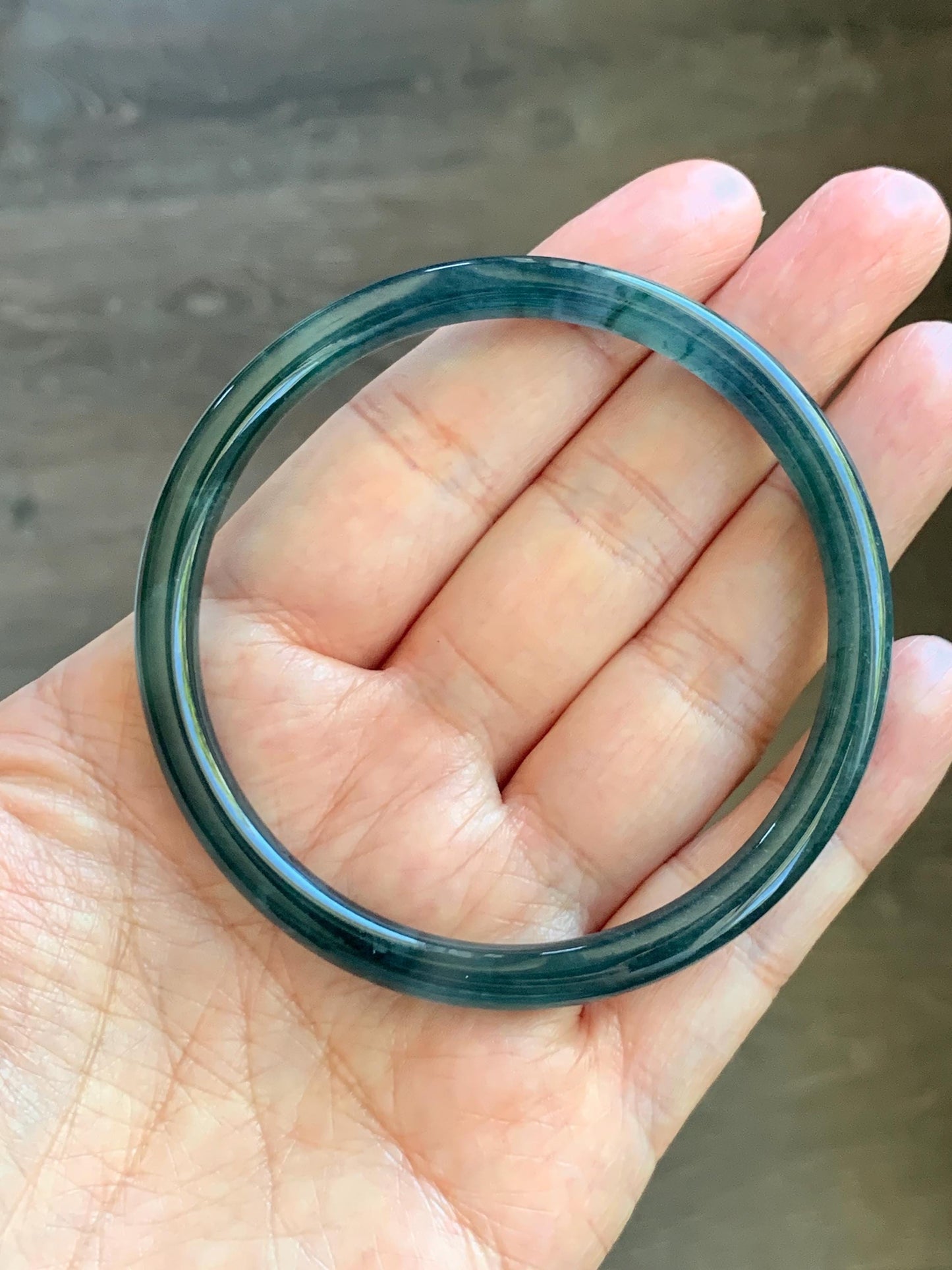 Certified Natural Grade A Guatemalan Icy Translucent Dark Teal Blue Marbled Jade Jadeite Slim Bangle 58.2mm 7.19” 天然冰胶危深蓝飘花翡翠细圆条手镯 513
