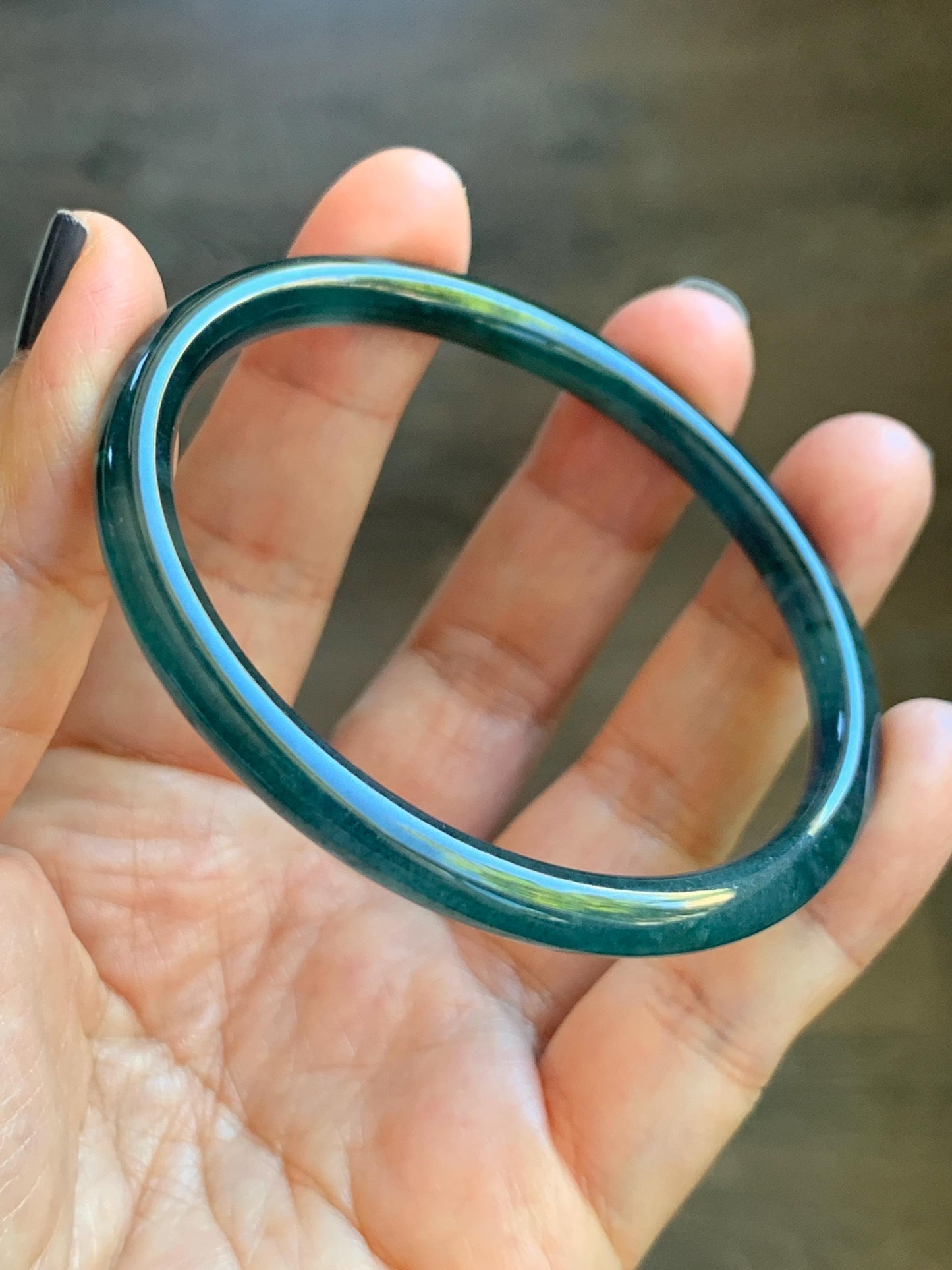 Certified Natural Grade A Guatemalan Icy Translucent Dark Teal Blue Marbled Jade Jadeite Slim Bangle 58.2mm 7.19” 天然冰胶危深蓝飘花翡翠细圆条手镯 513