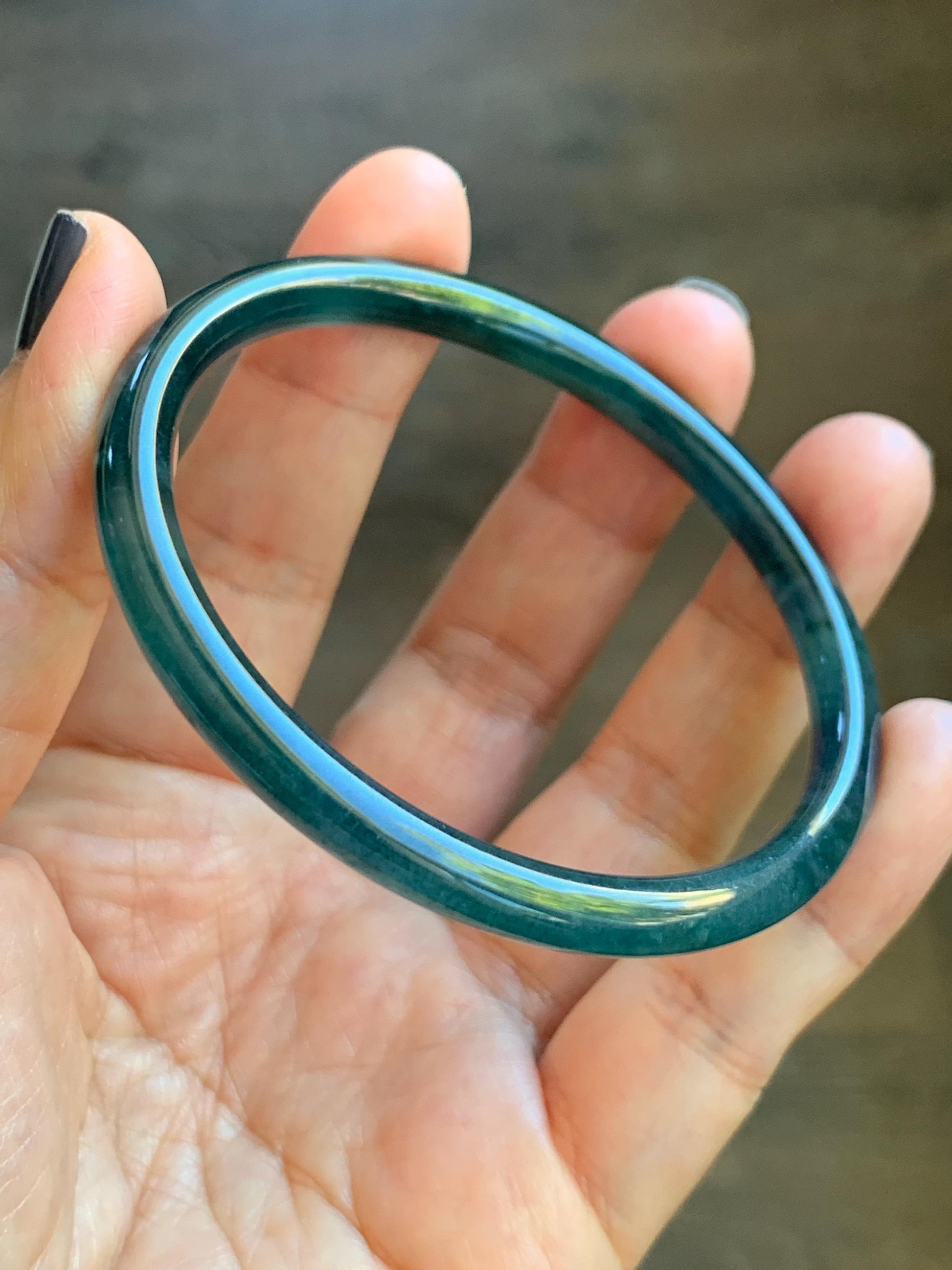Certified Natural Grade A Guatemalan Icy Translucent Dark Teal Blue Marbled Jade Jadeite Slim Bangle 58.2mm 7.19” 天然冰胶危深蓝飘花翡翠细圆条手镯 513
