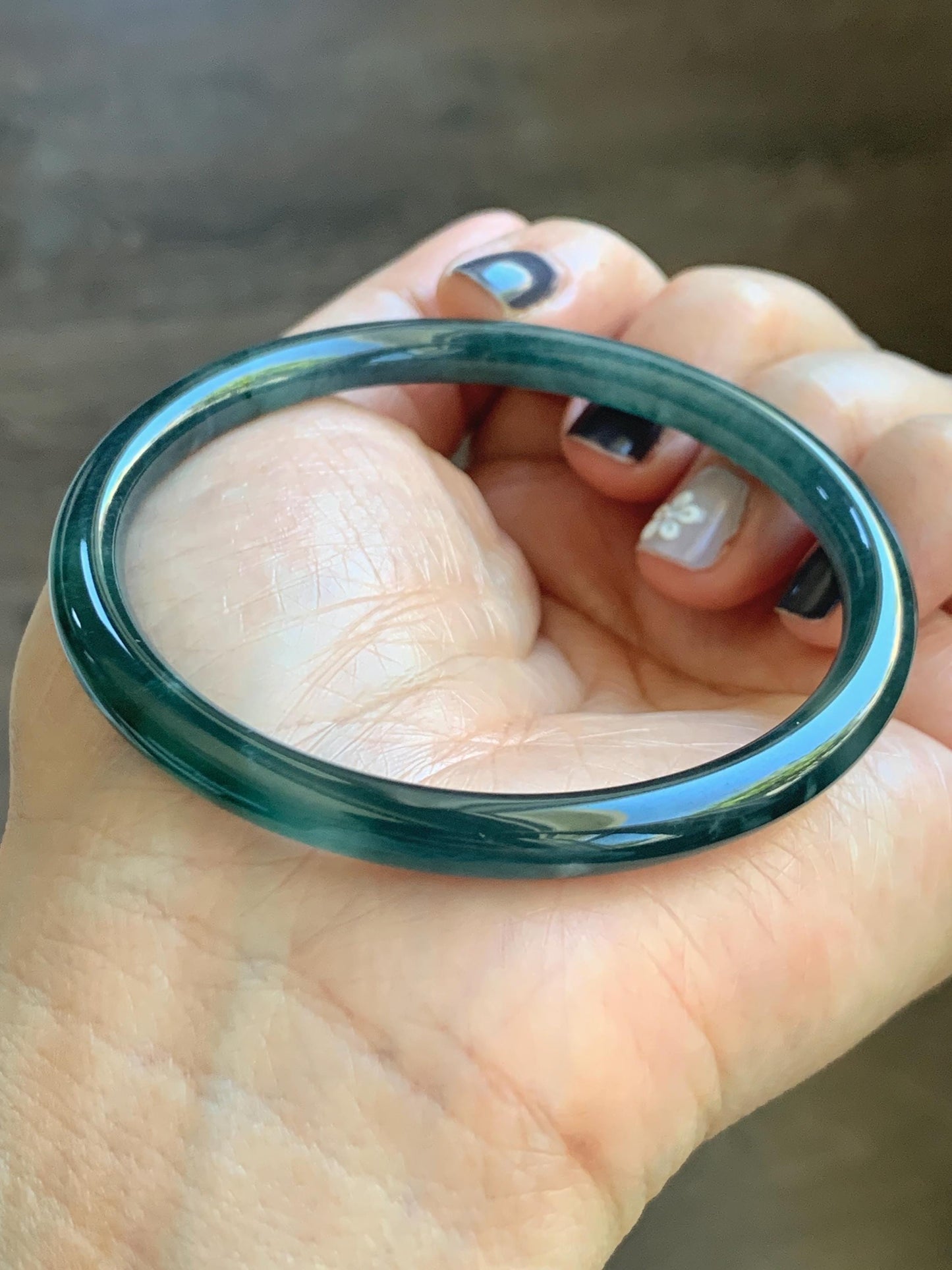 Certified Natural Grade A Guatemalan Icy Translucent Dark Teal Blue Marbled Jade Jadeite Slim Bangle 58.2mm 7.19” 天然冰胶危深蓝飘花翡翠细圆条手镯 513