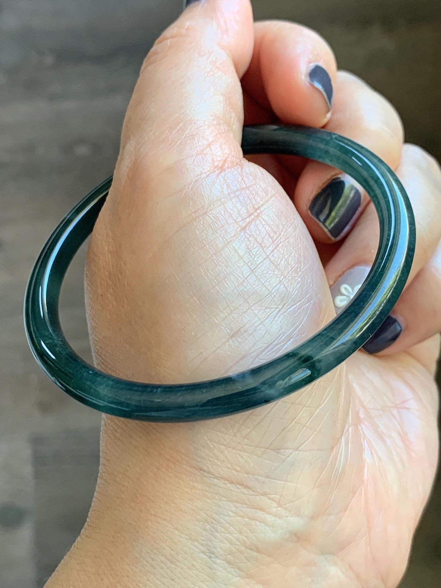 Certified Natural Grade A Guatemalan Icy Translucent Dark Teal Blue Marbled Jade Jadeite Slim Bangle 58.2mm 7.19” 天然冰胶危深蓝飘花翡翠细圆条手镯 513