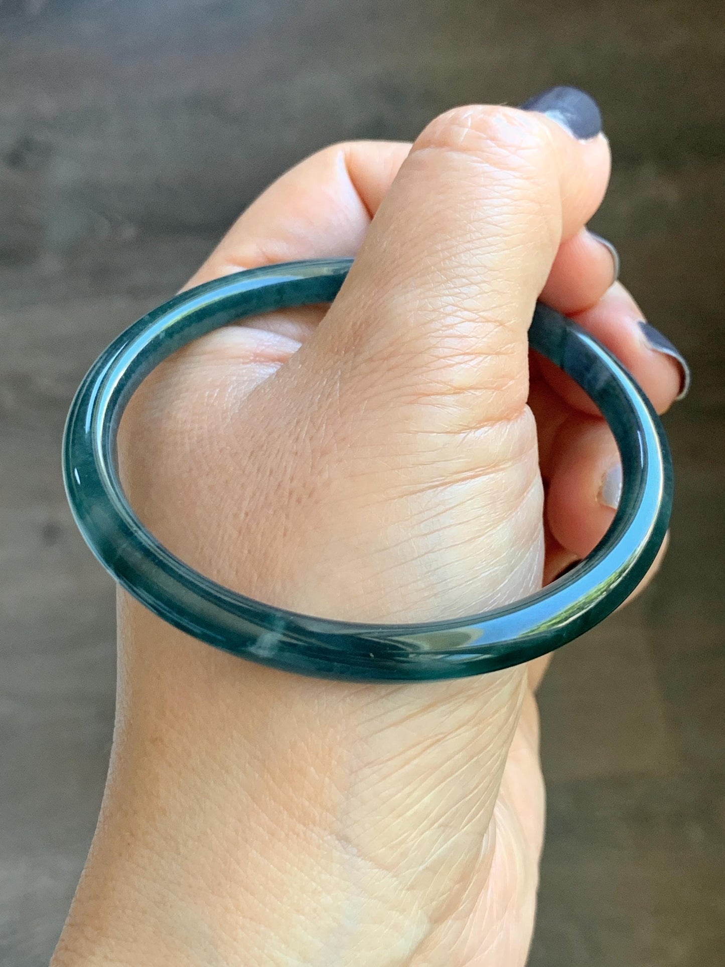 Certified Natural Grade A Guatemalan Icy Translucent Dark Teal Blue Marbled Jade Jadeite Slim Bangle 58.2mm 7.19” 天然冰胶危深蓝飘花翡翠细圆条手镯 513