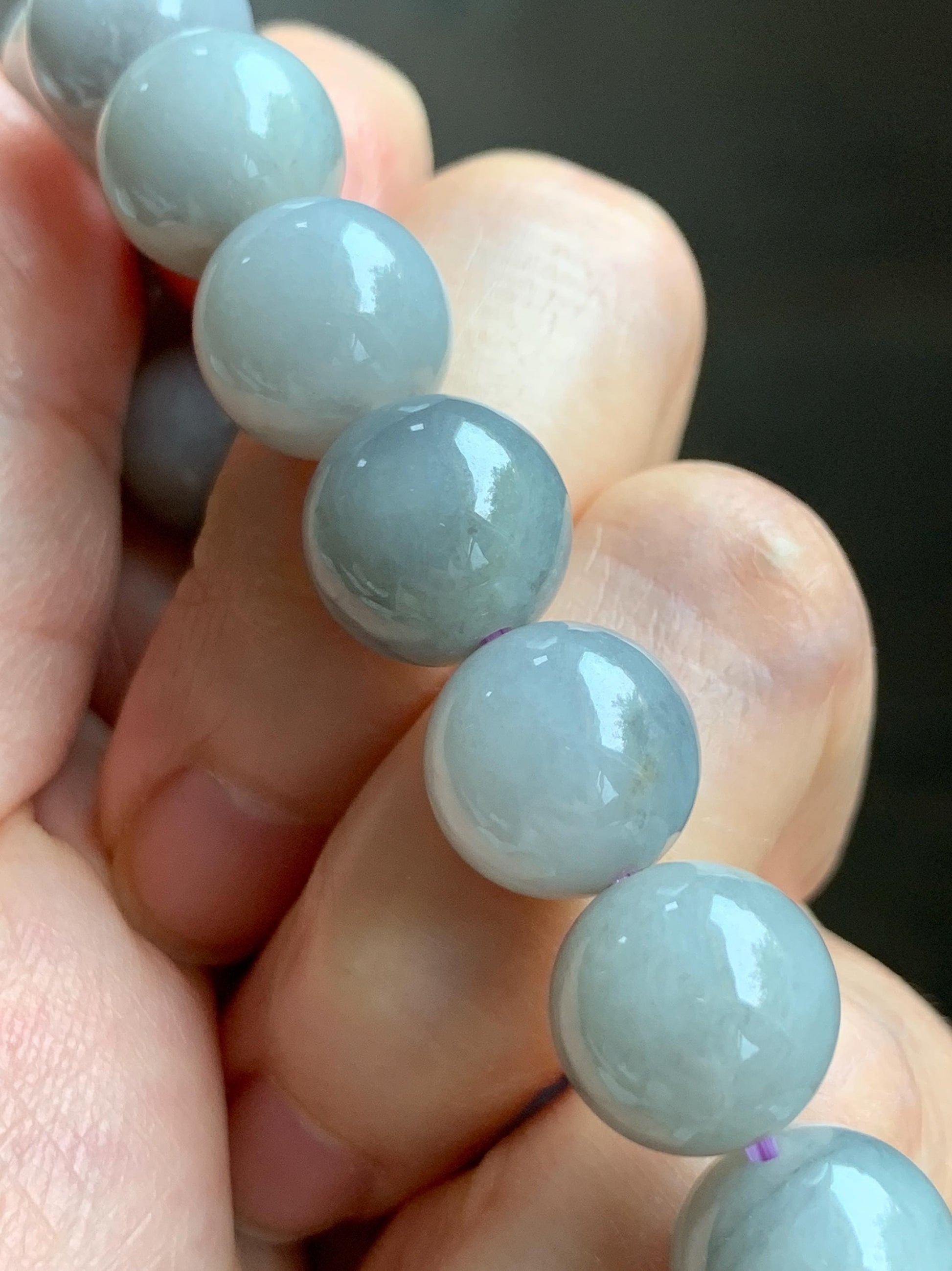 Certified Grade A Natural Icy Translucent Gray Wuji Marbled Jade Jadeite Large Beads Beaded Bracelet 12mm 7" 50.5g 天然大卡糯冰乌鸡翡翠手串 454