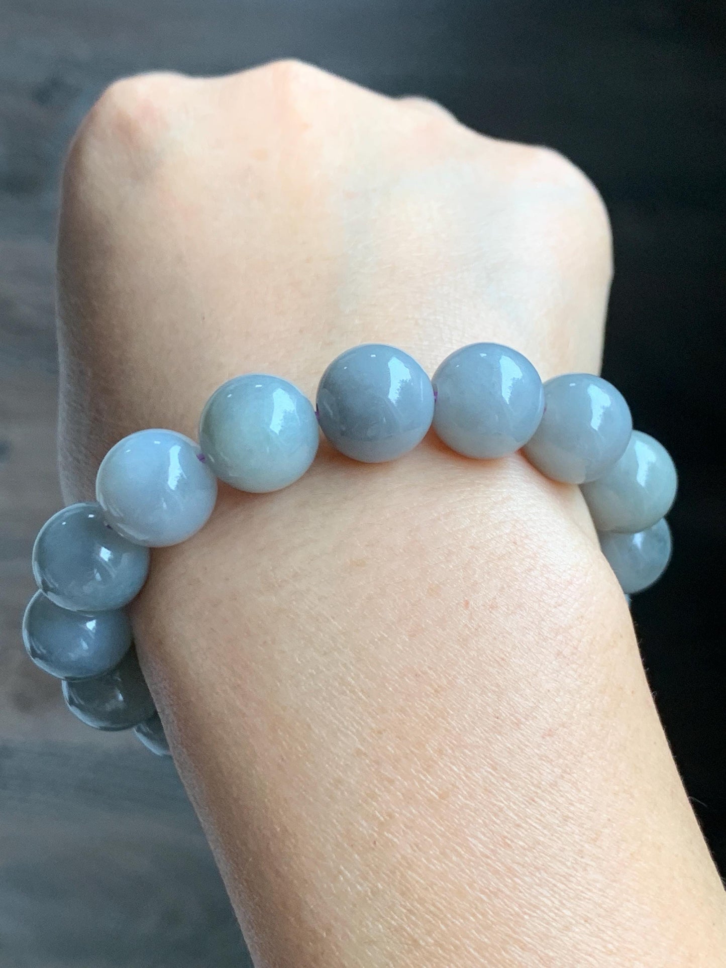 Certified Grade A Natural Icy Translucent Gray Wuji Marbled Jade Jadeite Large Beads Beaded Bracelet 12mm 7" 50.5g 天然大卡糯冰乌鸡翡翠手串 454
