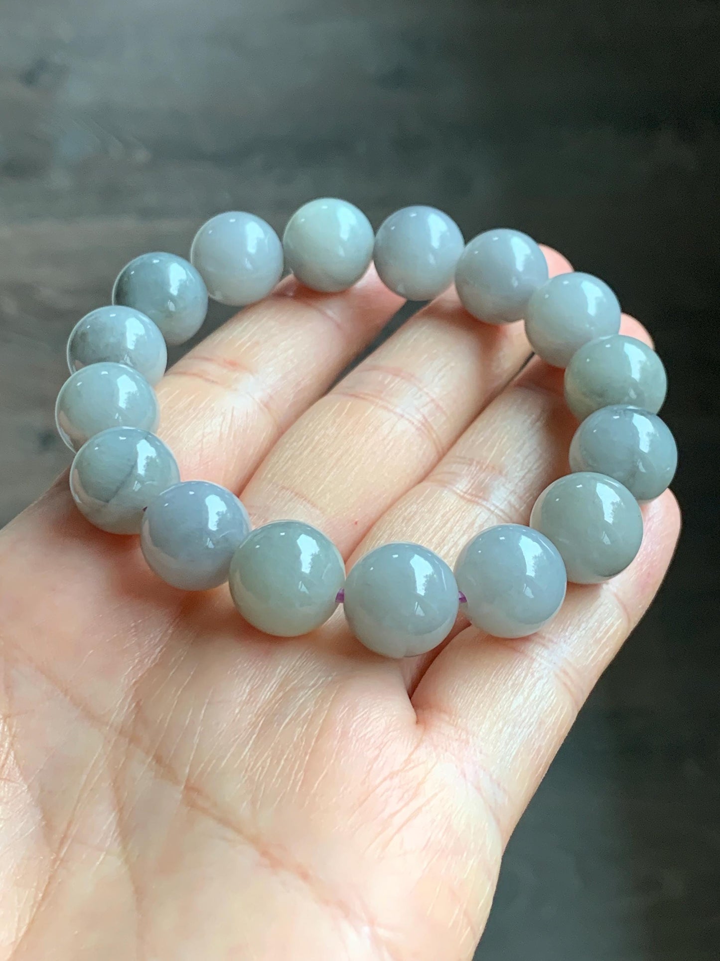 Certified Grade A Natural Icy Translucent Gray Wuji Marbled Jade Jadeite Large Beads Beaded Bracelet 12mm 7" 50.5g 天然大卡糯冰乌鸡翡翠手串 454