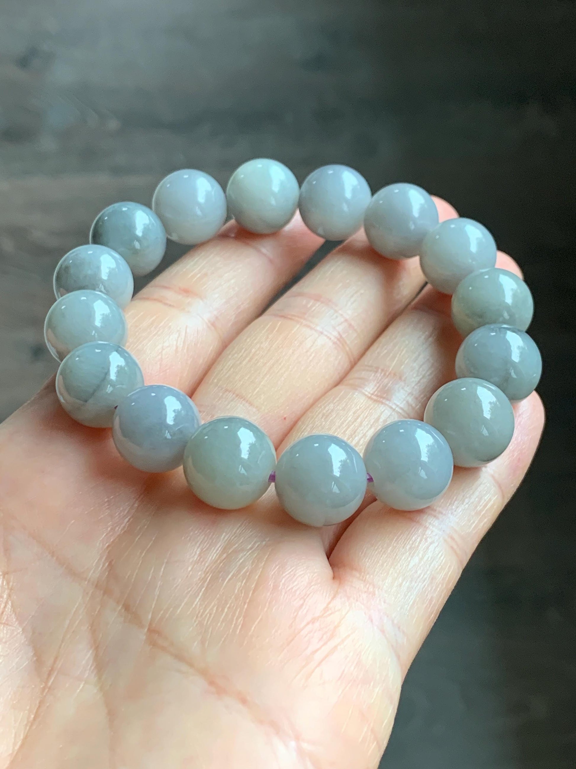Certified Grade A Natural Icy Translucent Gray Wuji Marbled Jade Jadeite Large Beads Beaded Bracelet 12mm 7" 50.5g 天然大卡糯冰乌鸡翡翠手串 454