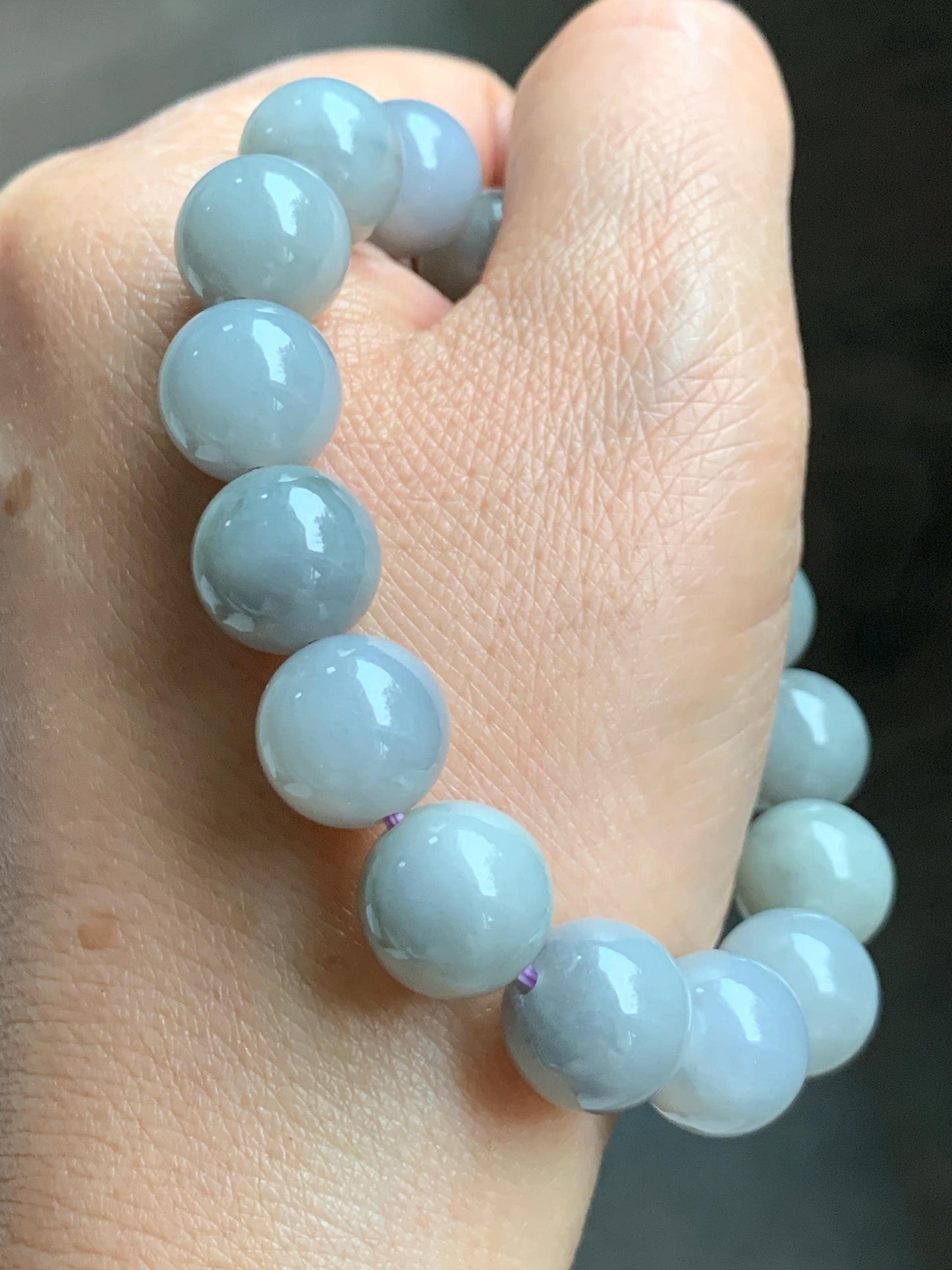 Certified Grade A Natural Icy Translucent Gray Wuji Marbled Jade Jadeite Large Beads Beaded Bracelet 12mm 7" 50.5g 天然大卡糯冰乌鸡翡翠手串 454