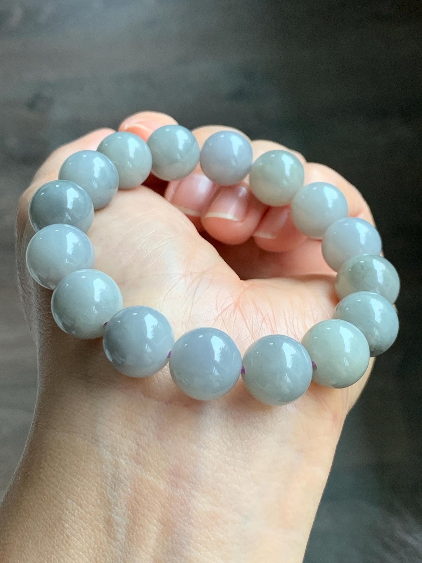 Certified Grade A Natural Icy Translucent Gray Wuji Marbled Jade Jadeite Large Beads Beaded Bracelet 12mm 7" 50.5g 天然大卡糯冰乌鸡翡翠手串 454