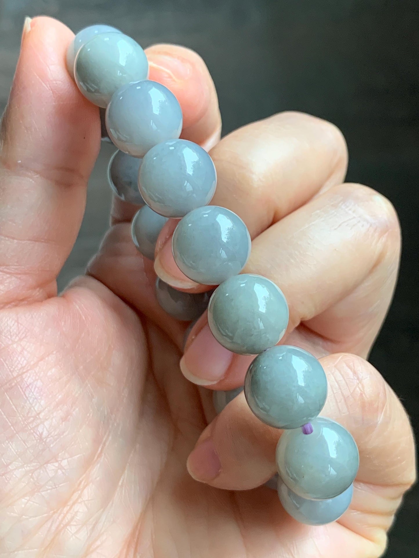 Certified Grade A Natural Icy Translucent Gray Wuji Marbled Jade Jadeite Large Beads Beaded Bracelet 12mm 7" 50.5g 天然大卡糯冰乌鸡翡翠手串 454