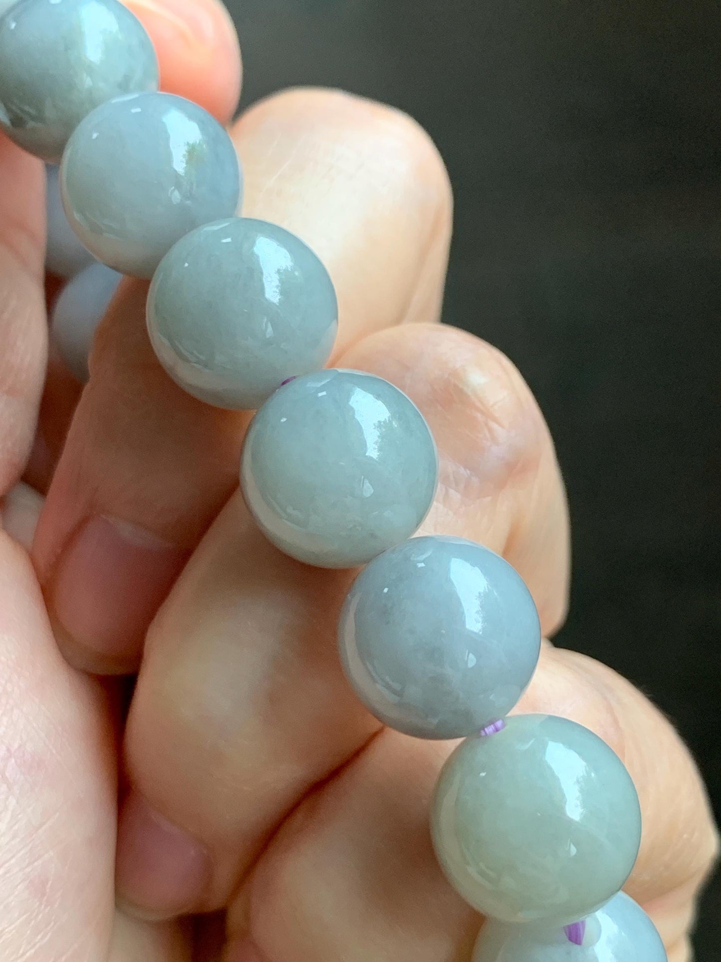 Certified Grade A Natural Icy Translucent Gray Wuji Marbled Jade Jadeite Large Beads Beaded Bracelet 12mm 7" 50.5g 天然大卡糯冰乌鸡翡翠手串 454