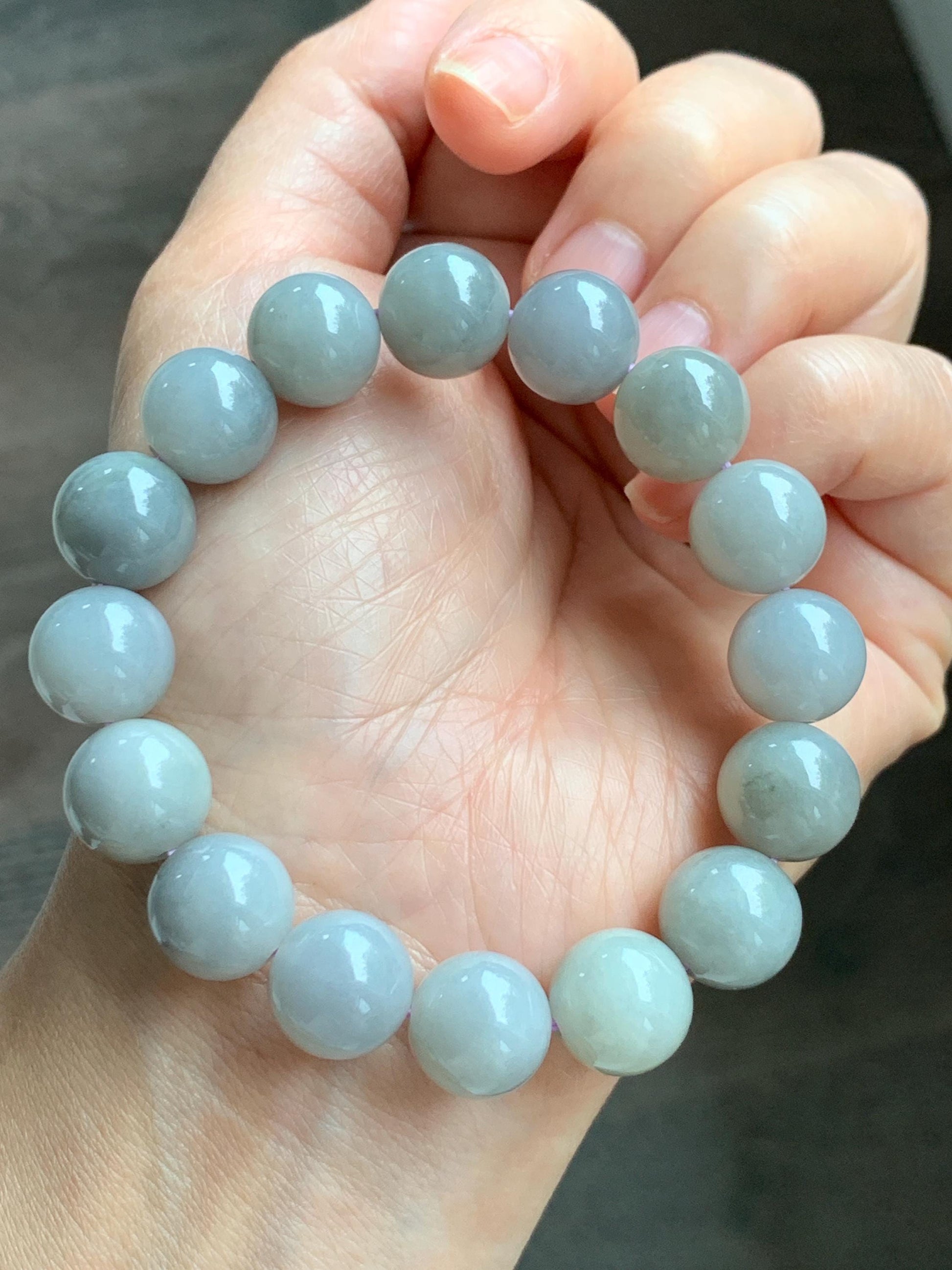 Certified Grade A Natural Icy Translucent Gray Wuji Marbled Jade Jadeite Large Beads Beaded Bracelet 12mm 7" 50.5g 天然大卡糯冰乌鸡翡翠手串 454
