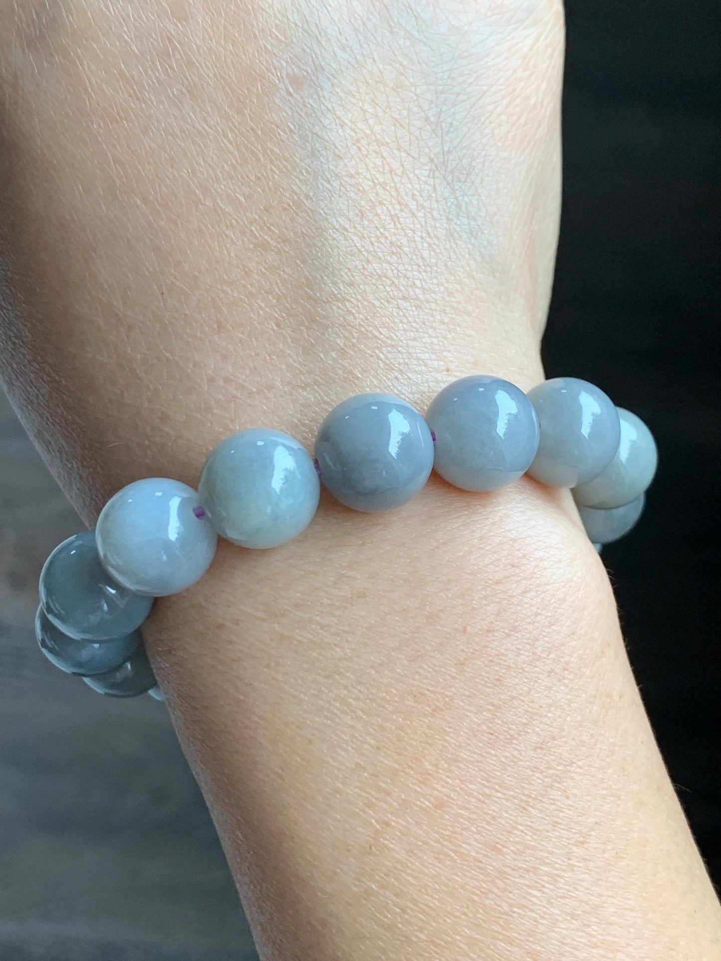 Certified Grade A Natural Icy Translucent Gray Wuji Marbled Jade Jadeite Large Beads Beaded Bracelet 12mm 7" 50.5g 天然大卡糯冰乌鸡翡翠手串 454