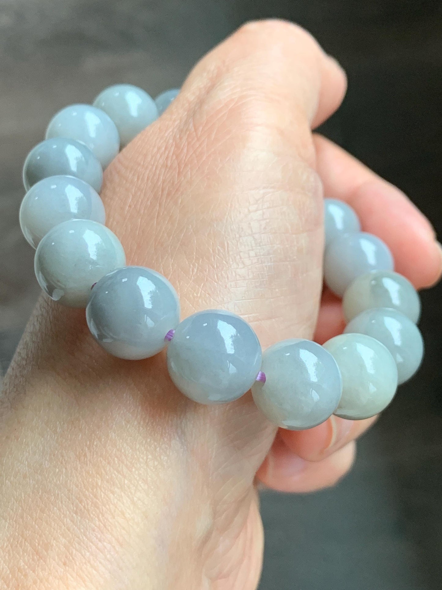 Certified Grade A Natural Icy Translucent Gray Wuji Marbled Jade Jadeite Large Beads Beaded Bracelet 12mm 7" 50.5g 天然大卡糯冰乌鸡翡翠手串 454