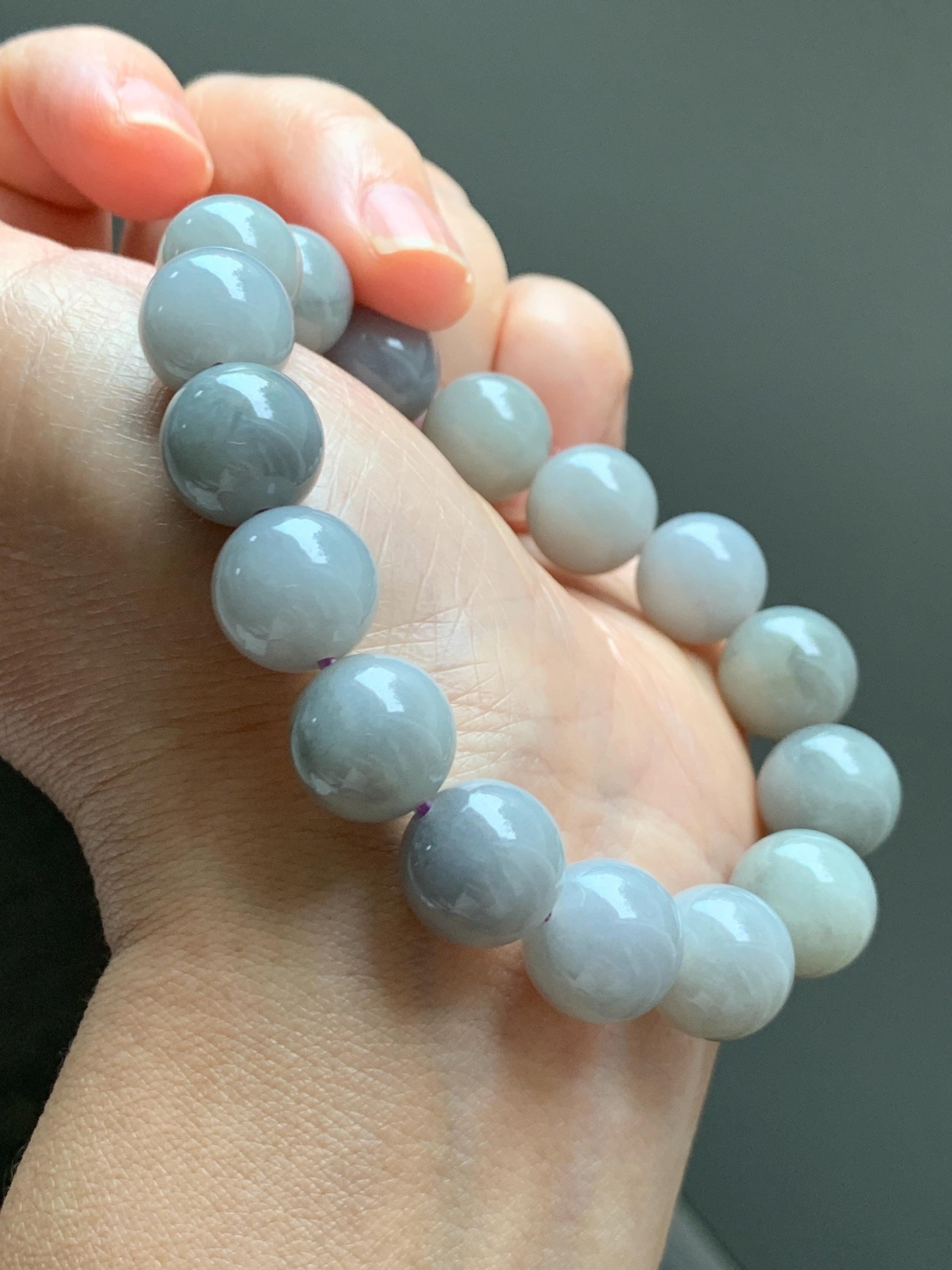 Certified Grade A Natural Icy Translucent Gray Wuji Marbled Jade Jadeite Large Beads Beaded Bracelet 12mm 7" 50.5g 天然大卡糯冰乌鸡翡翠手串 454