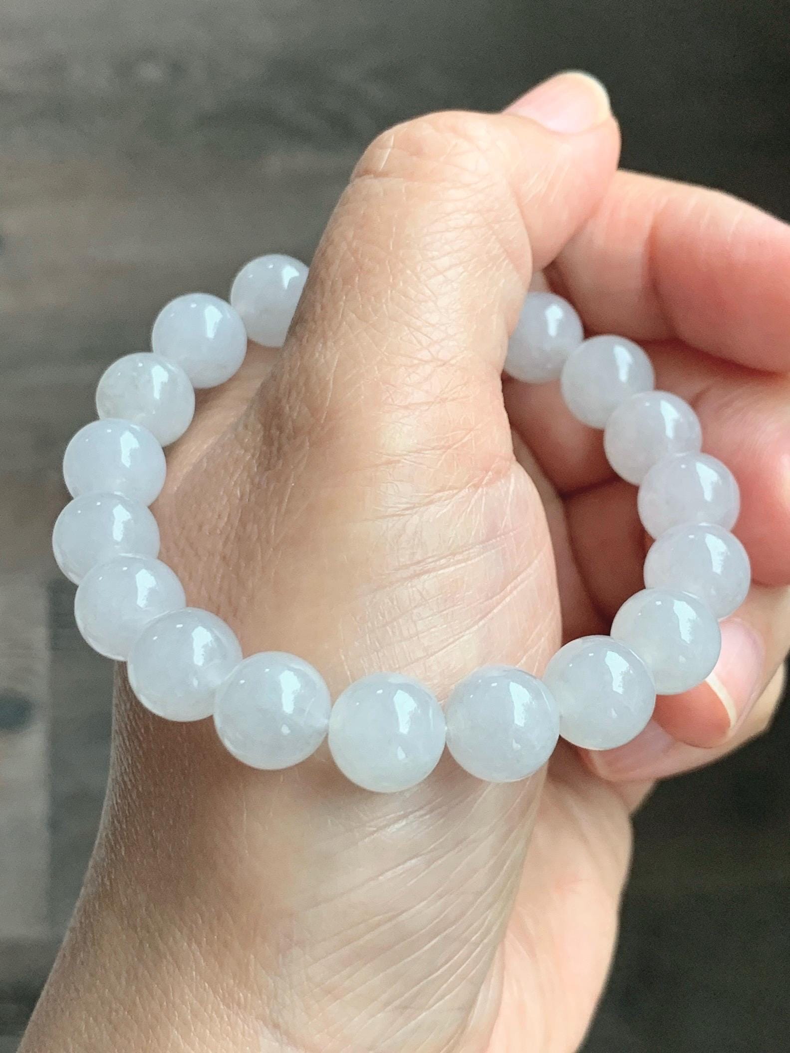 Natural Grade A Icy Highly Translucent Gelatinous Light Gray Jade Jadeite Large Beads Beaded Bracelet 9.8mm 7” 31g 天然冰胶藕粉色翡翠大卡手串 MXH294