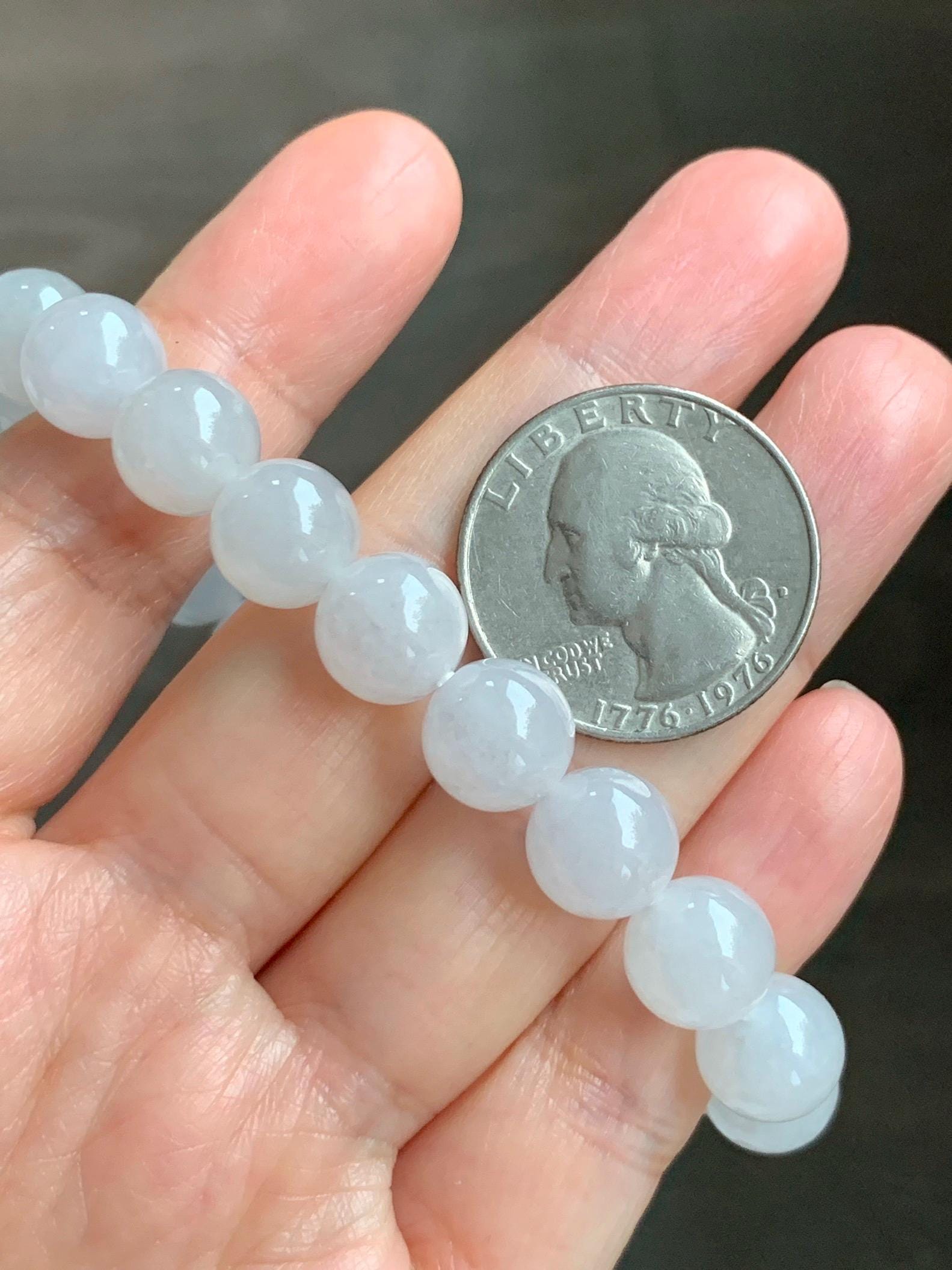 Natural Grade A Icy Highly Translucent Gelatinous Light Gray Jade Jadeite Large Beads Beaded Bracelet 9.8mm 7” 31g 天然冰胶藕粉色翡翠大卡手串 MXH294
