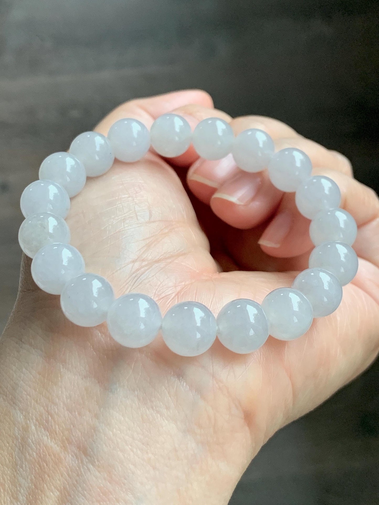 Natural Grade A Icy Highly Translucent Gelatinous Light Gray Jade Jadeite Large Beads Beaded Bracelet 9.8mm 7” 31g 天然冰胶藕粉色翡翠大卡手串 MXH294