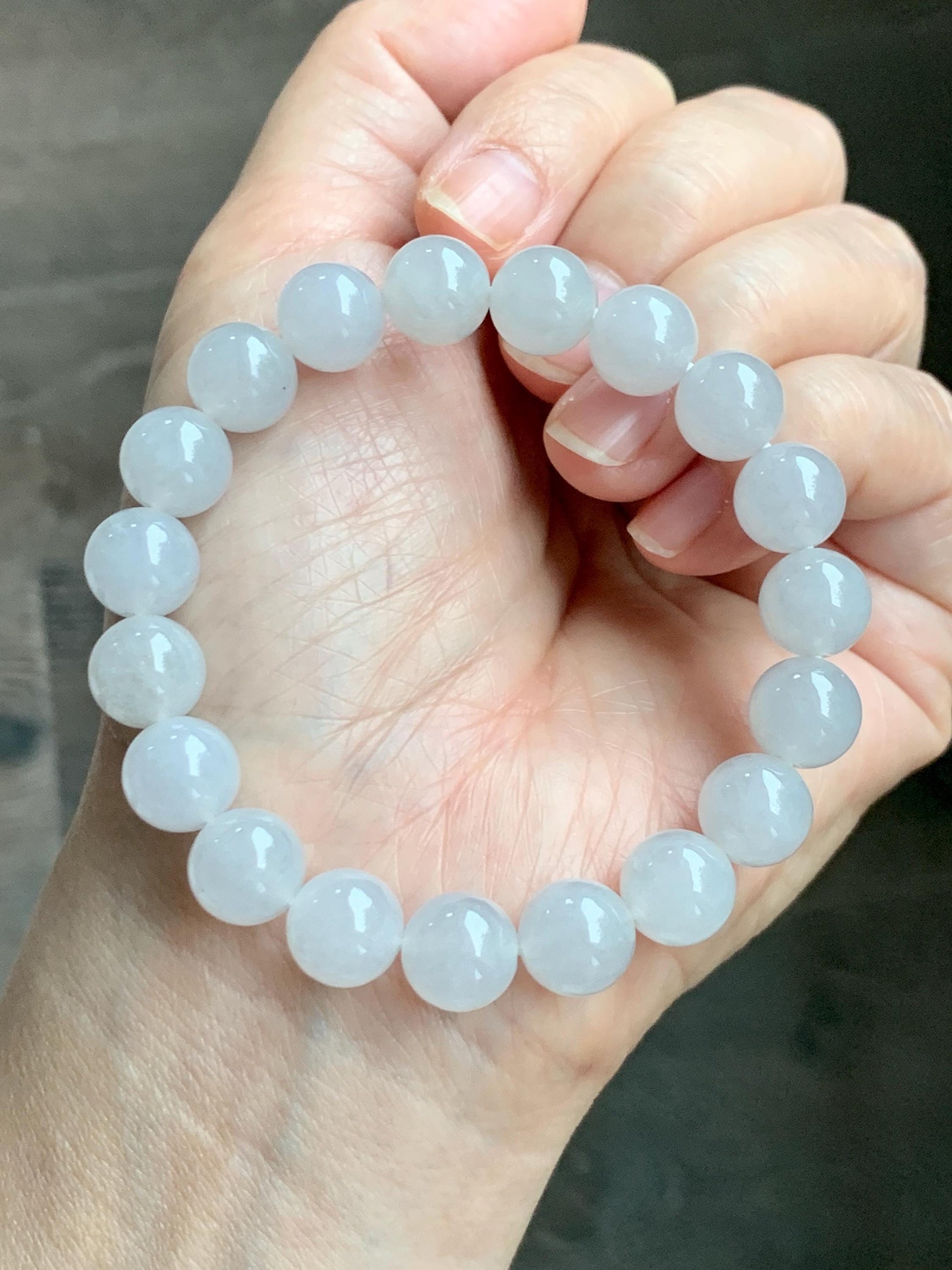 Natural Grade A Icy Highly Translucent Gelatinous Light Gray Jade Jadeite Large Beads Beaded Bracelet 9.8mm 7” 31g 天然冰胶藕粉色翡翠大卡手串 MXH294
