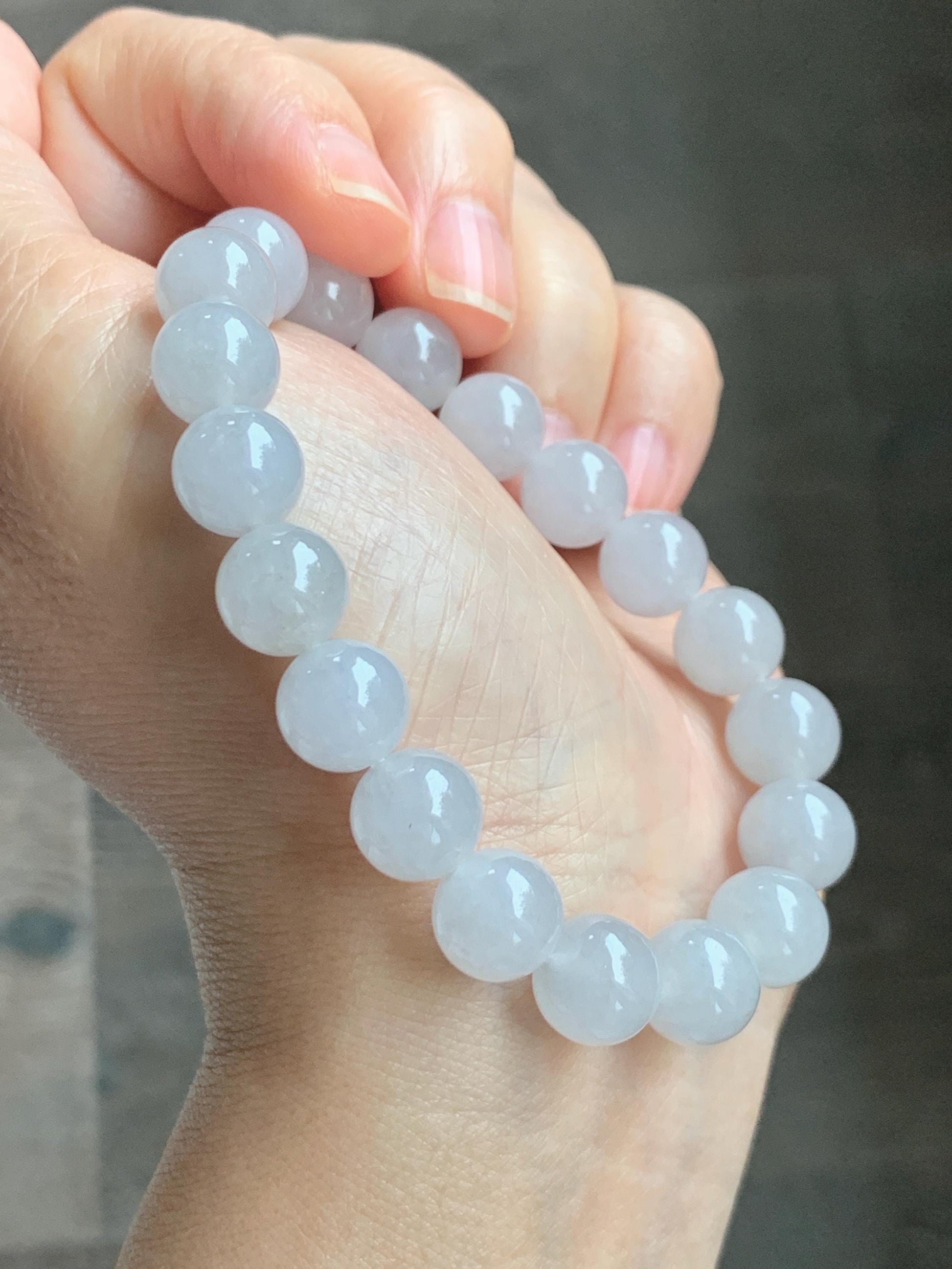 Natural Grade A Icy Highly Translucent Gelatinous Light Gray Jade Jadeite Large Beads Beaded Bracelet 9.8mm 7” 31g 天然冰胶藕粉色翡翠大卡手串 MXH294
