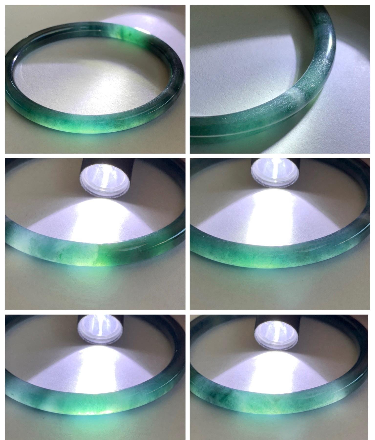 Certified Natural Grade A Guatemalan Icy Translucent Dark Teal Blue Marbled Jade Jadeite Slim Bangle 56mm 6.92” 天然冰胶危深蓝飘花翡翠细圆条手镯 514