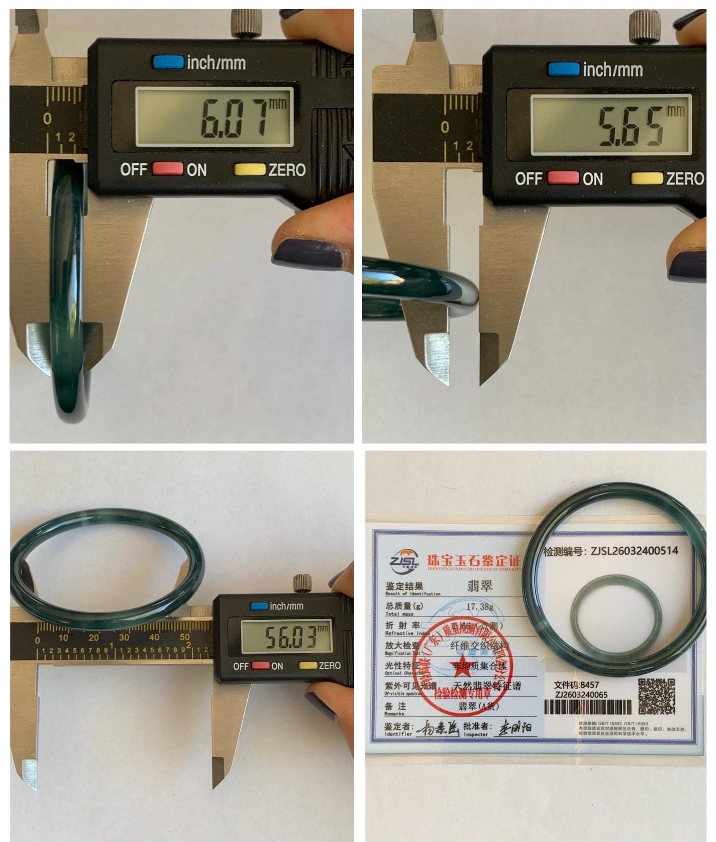 Certified Natural Grade A Guatemalan Icy Translucent Dark Teal Blue Marbled Jade Jadeite Slim Bangle 56mm 6.92” 天然冰胶危深蓝飘花翡翠细圆条手镯 514