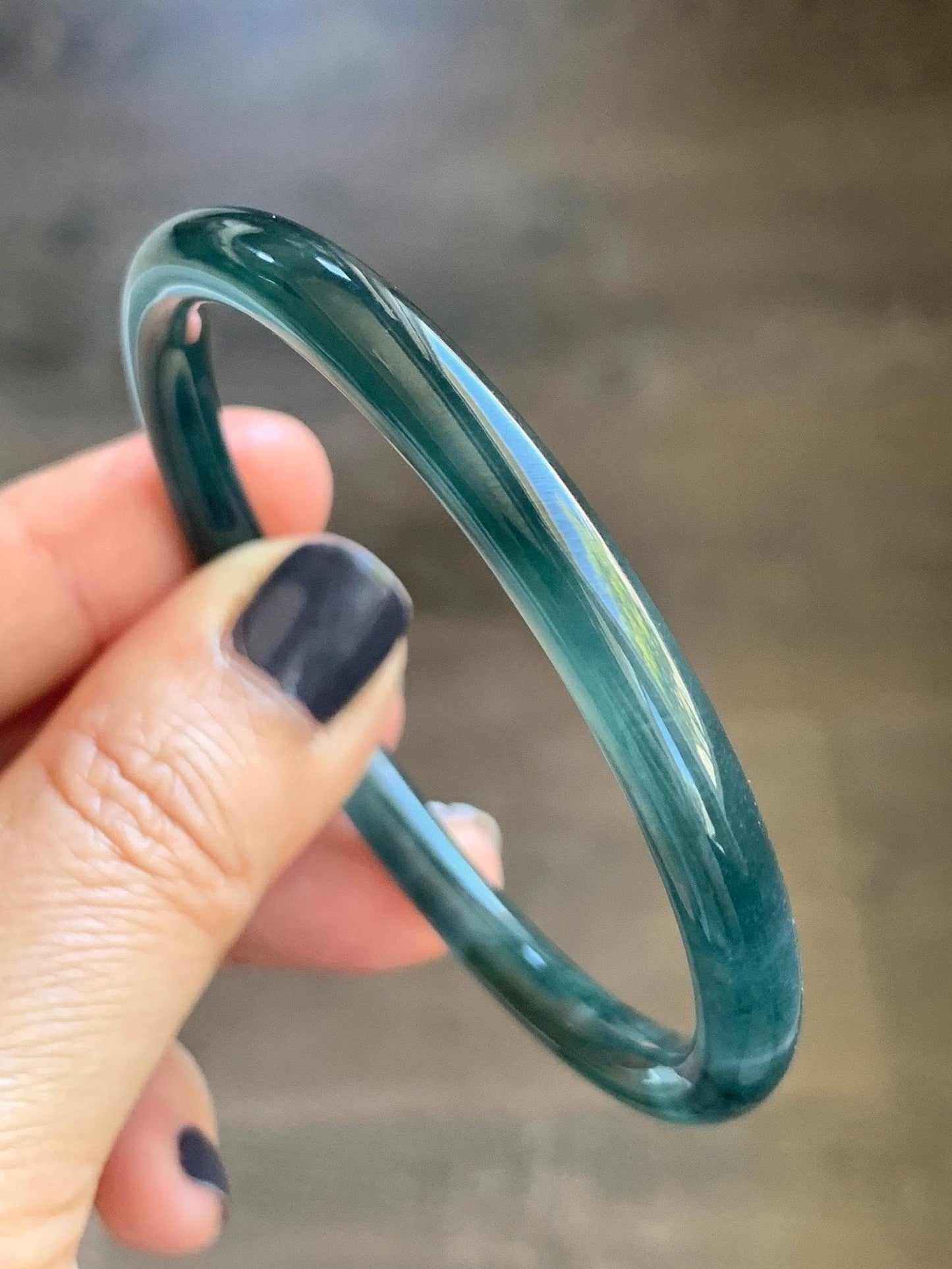 Certified Natural Grade A Guatemalan Icy Translucent Dark Teal Blue Marbled Jade Jadeite Slim Bangle 56mm 6.92” 天然冰胶危深蓝飘花翡翠细圆条手镯 514