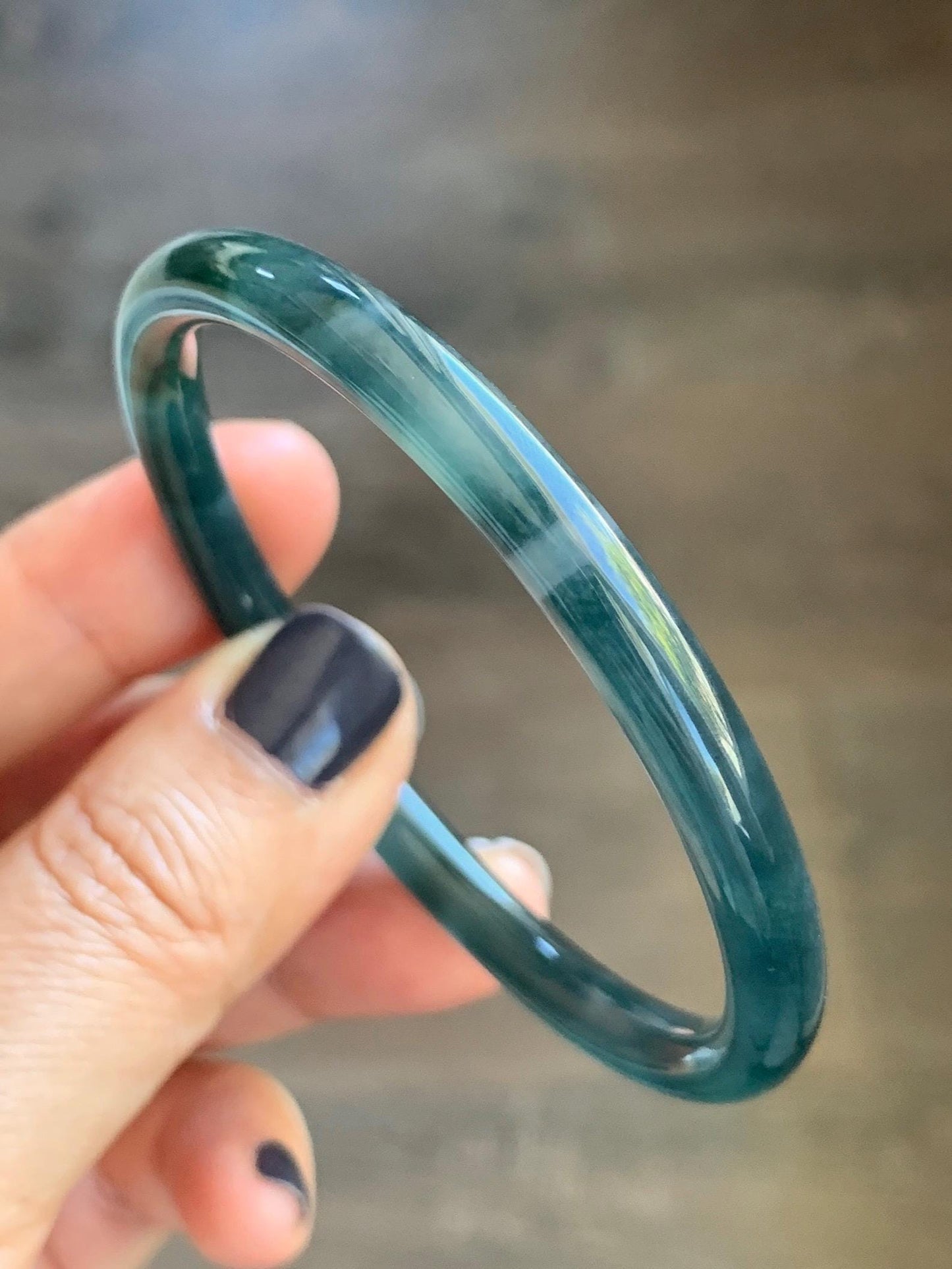 Certified Natural Grade A Guatemalan Icy Translucent Dark Teal Blue Marbled Jade Jadeite Slim Bangle 56mm 6.92” 天然冰胶危深蓝飘花翡翠细圆条手镯 514