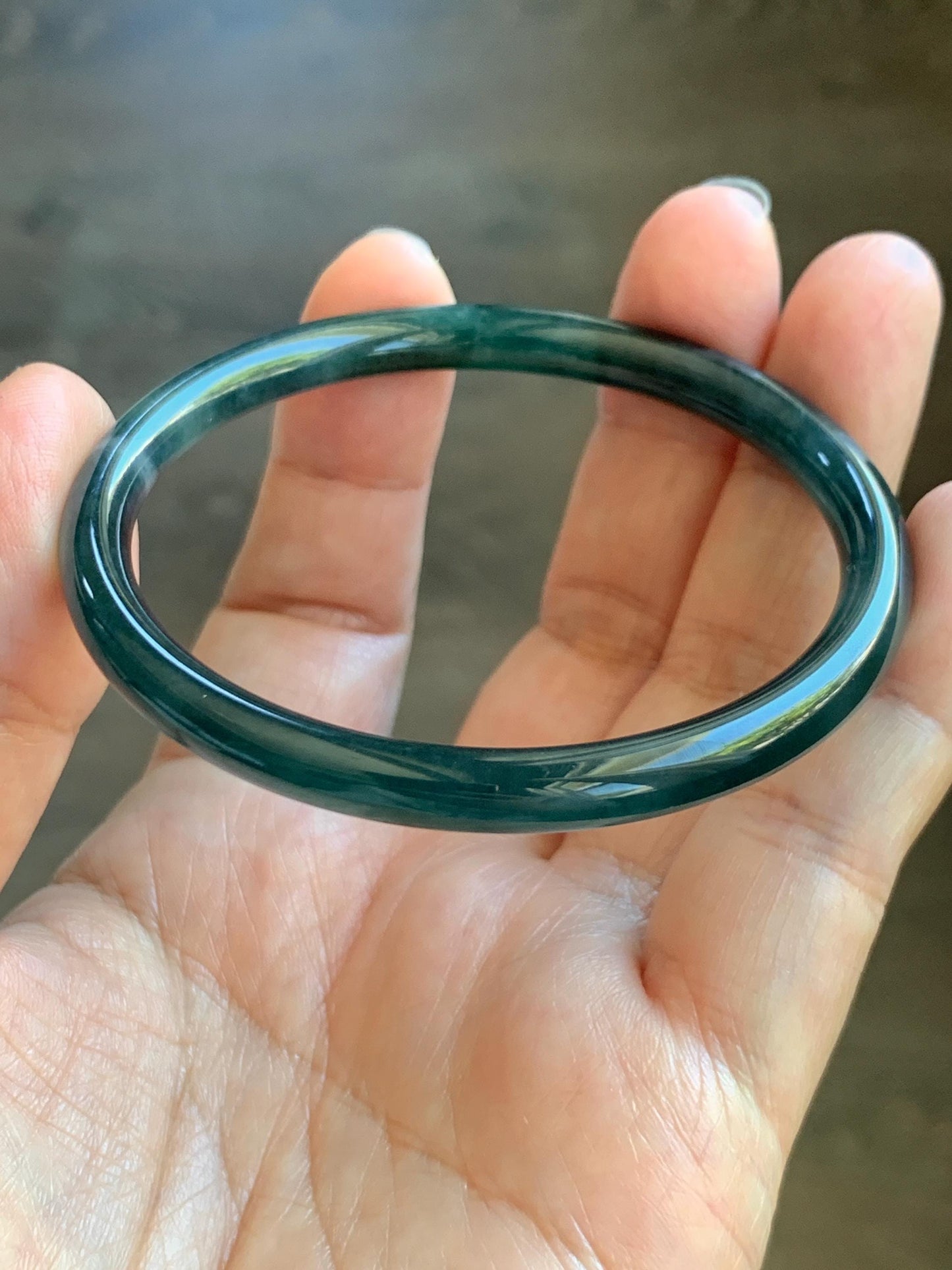 Certified Natural Grade A Guatemalan Icy Translucent Dark Teal Blue Marbled Jade Jadeite Slim Bangle 56mm 6.92” 天然冰胶危深蓝飘花翡翠细圆条手镯 514