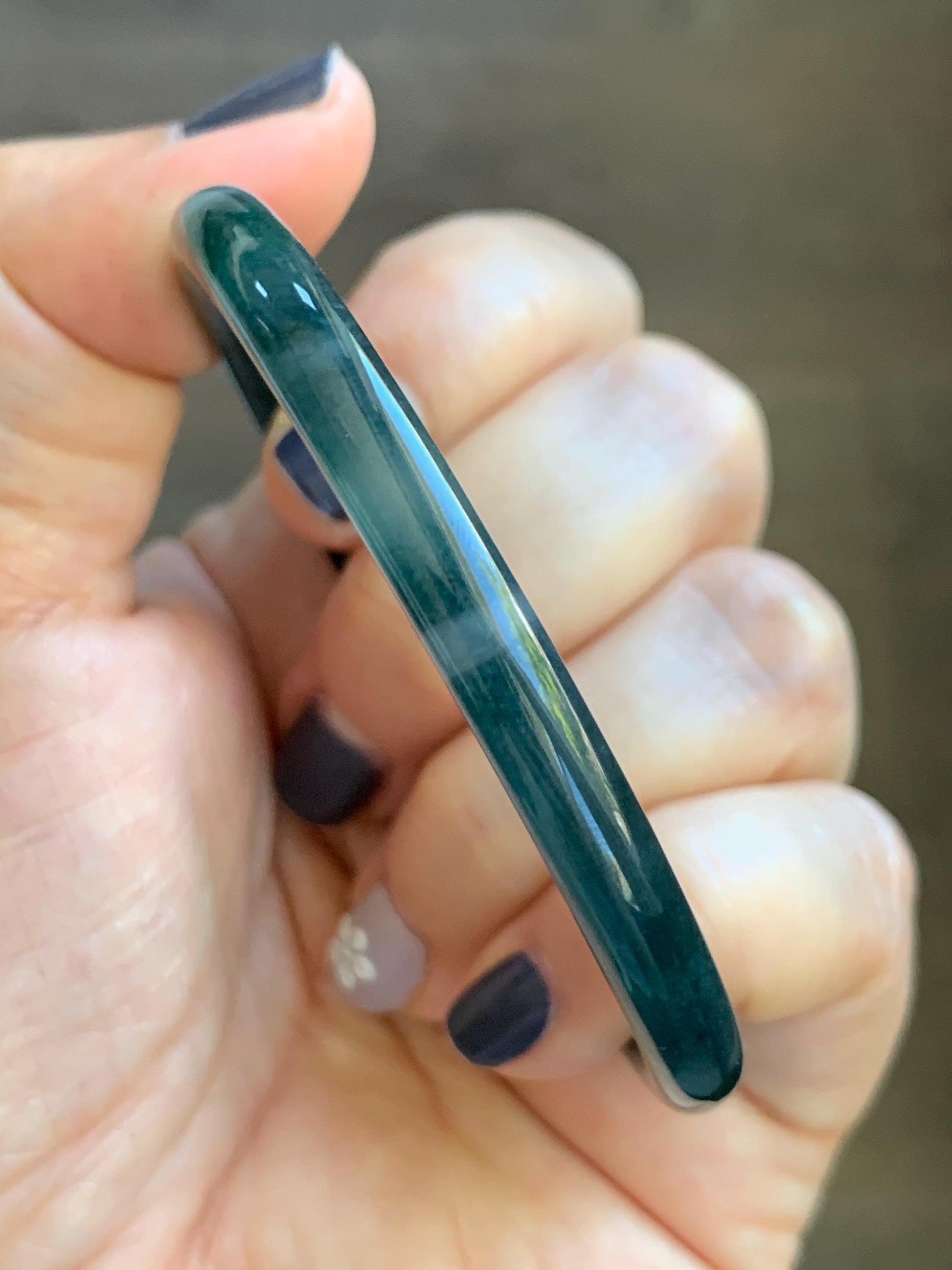 Certified Natural Grade A Guatemalan Icy Translucent Dark Teal Blue Marbled Jade Jadeite Slim Bangle 56mm 6.92” 天然冰胶危深蓝飘花翡翠细圆条手镯 514
