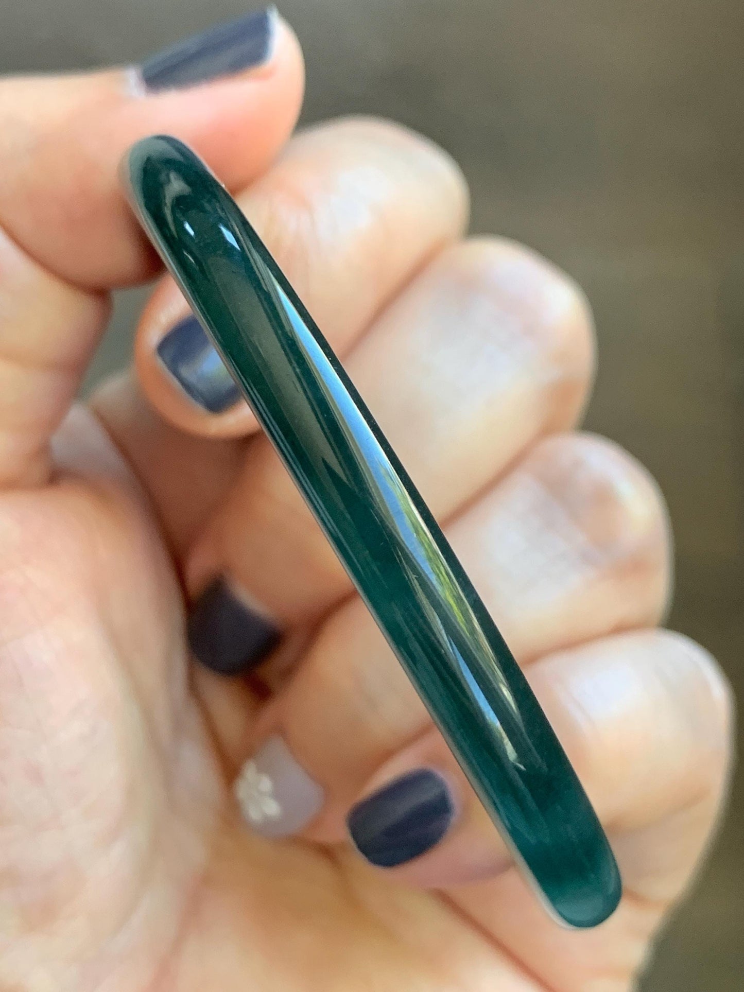 Certified Natural Grade A Guatemalan Icy Translucent Dark Teal Blue Marbled Jade Jadeite Slim Bangle 56mm 6.92” 天然冰胶危深蓝飘花翡翠细圆条手镯 514