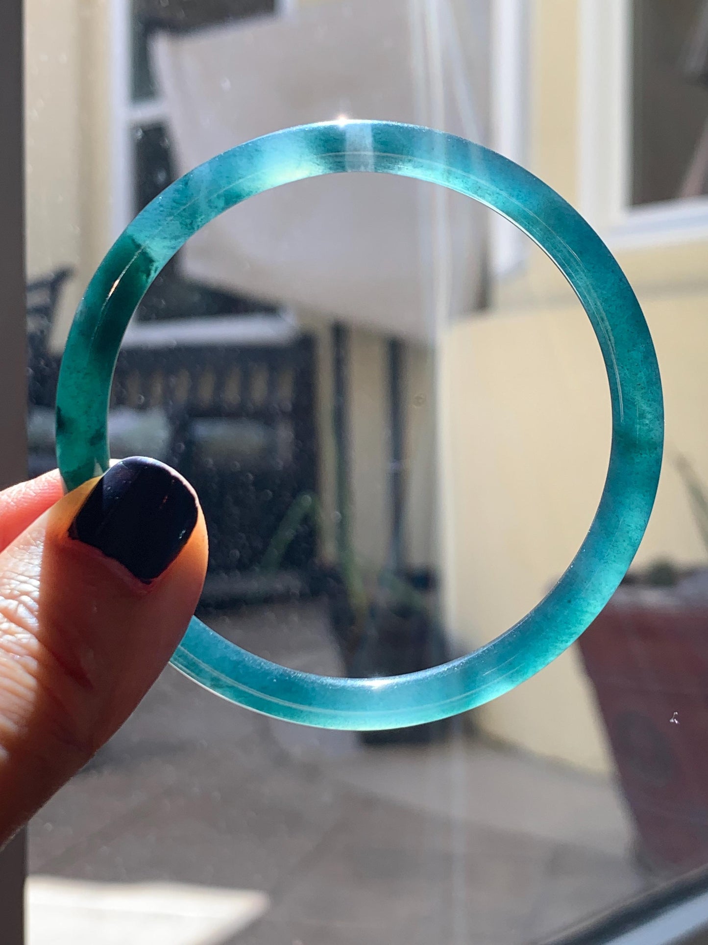 Certified Natural Grade A Guatemalan Icy Translucent Dark Teal Blue Marbled Jade Jadeite Slim Bangle 56mm 6.92” 天然冰胶危深蓝飘花翡翠细圆条手镯 514