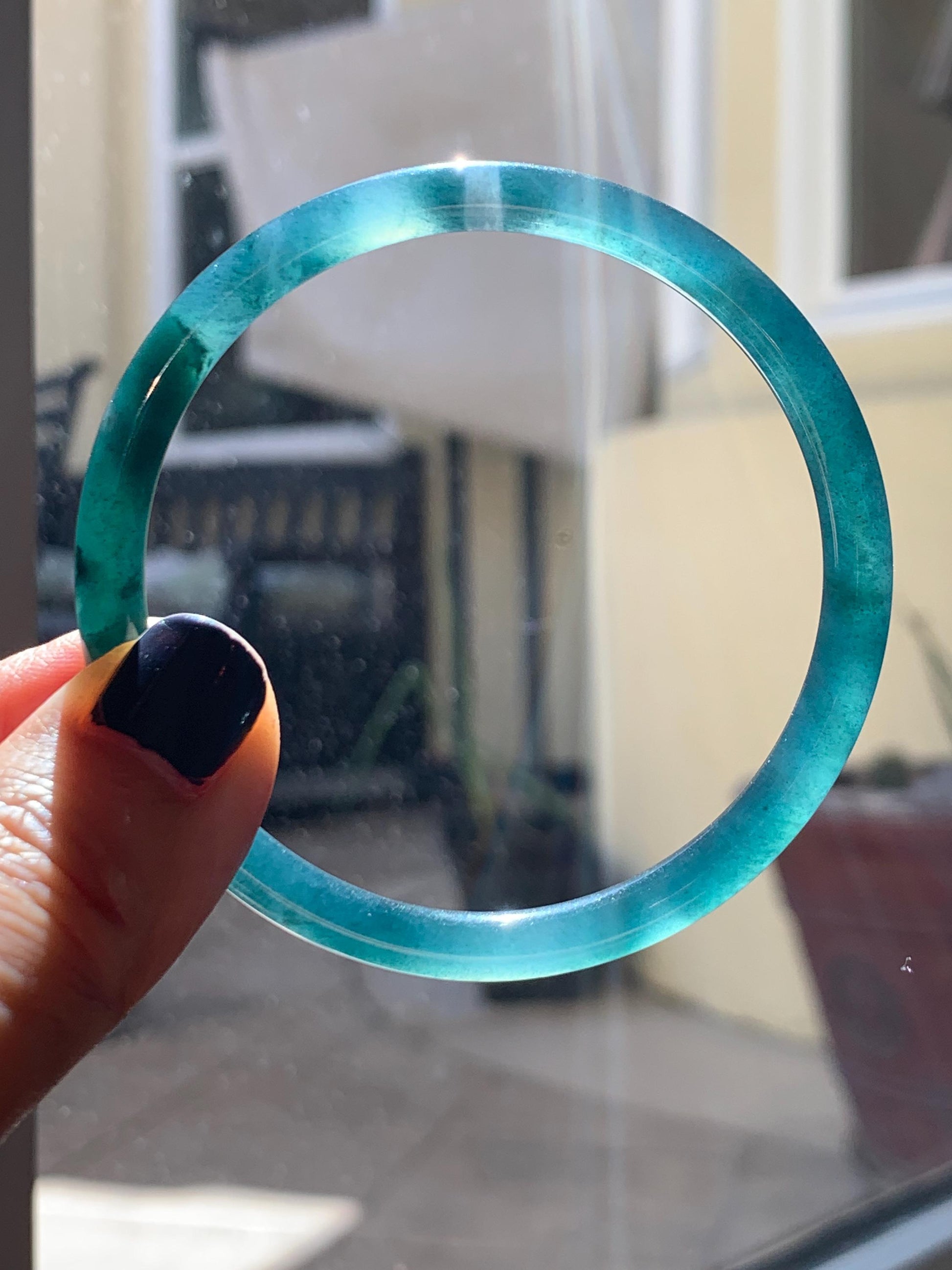 Certified Natural Grade A Guatemalan Icy Translucent Dark Teal Blue Marbled Jade Jadeite Slim Bangle 56mm 6.92” 天然冰胶危深蓝飘花翡翠细圆条手镯 514