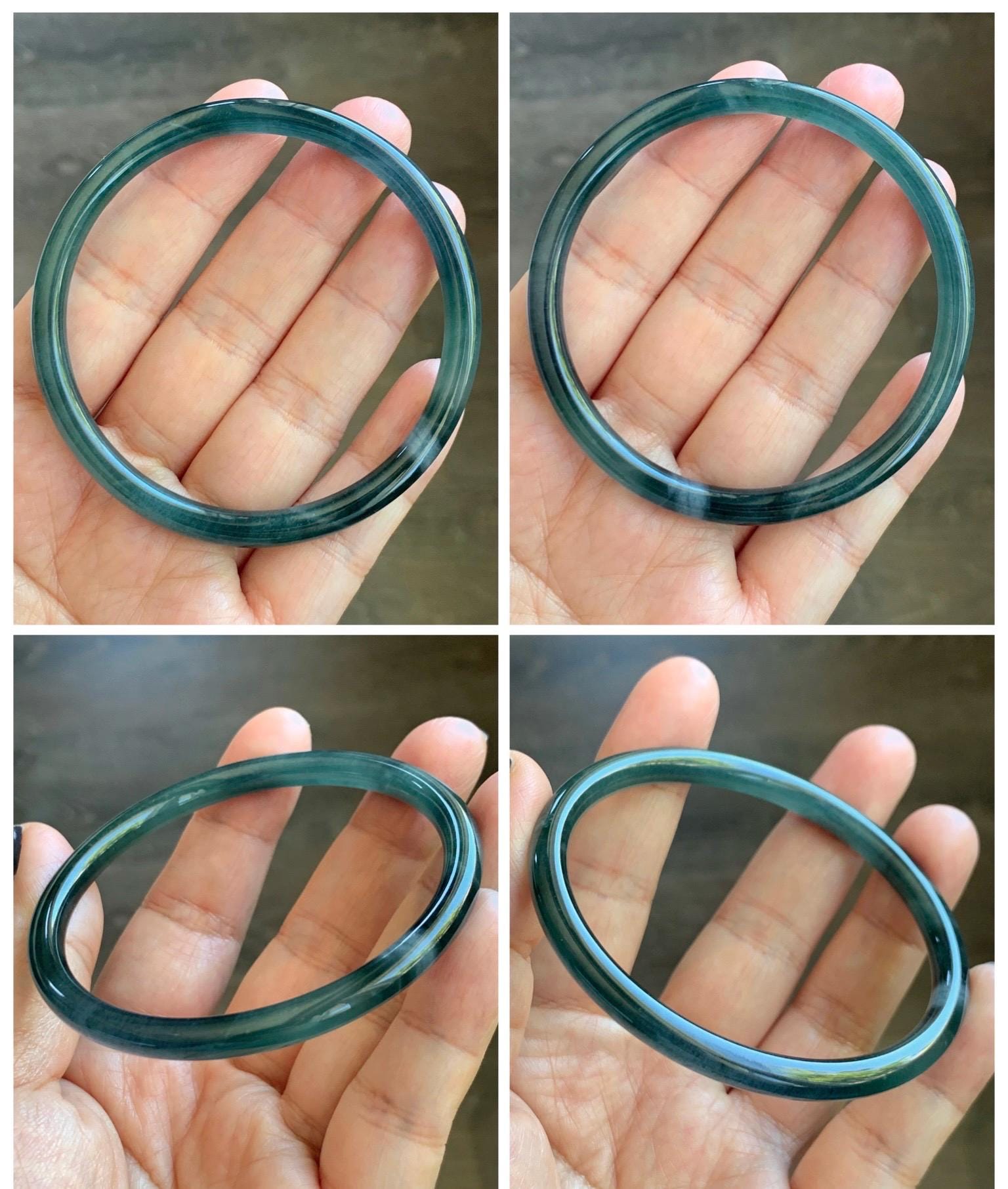 Certified Natural Grade A Guatemalan Icy Translucent Dark Teal Blue Marbled Jade Jadeite Slim Bangle 58mm 7.17” 天然冰胶危深蓝飘花翡翠细圆条手镯 518