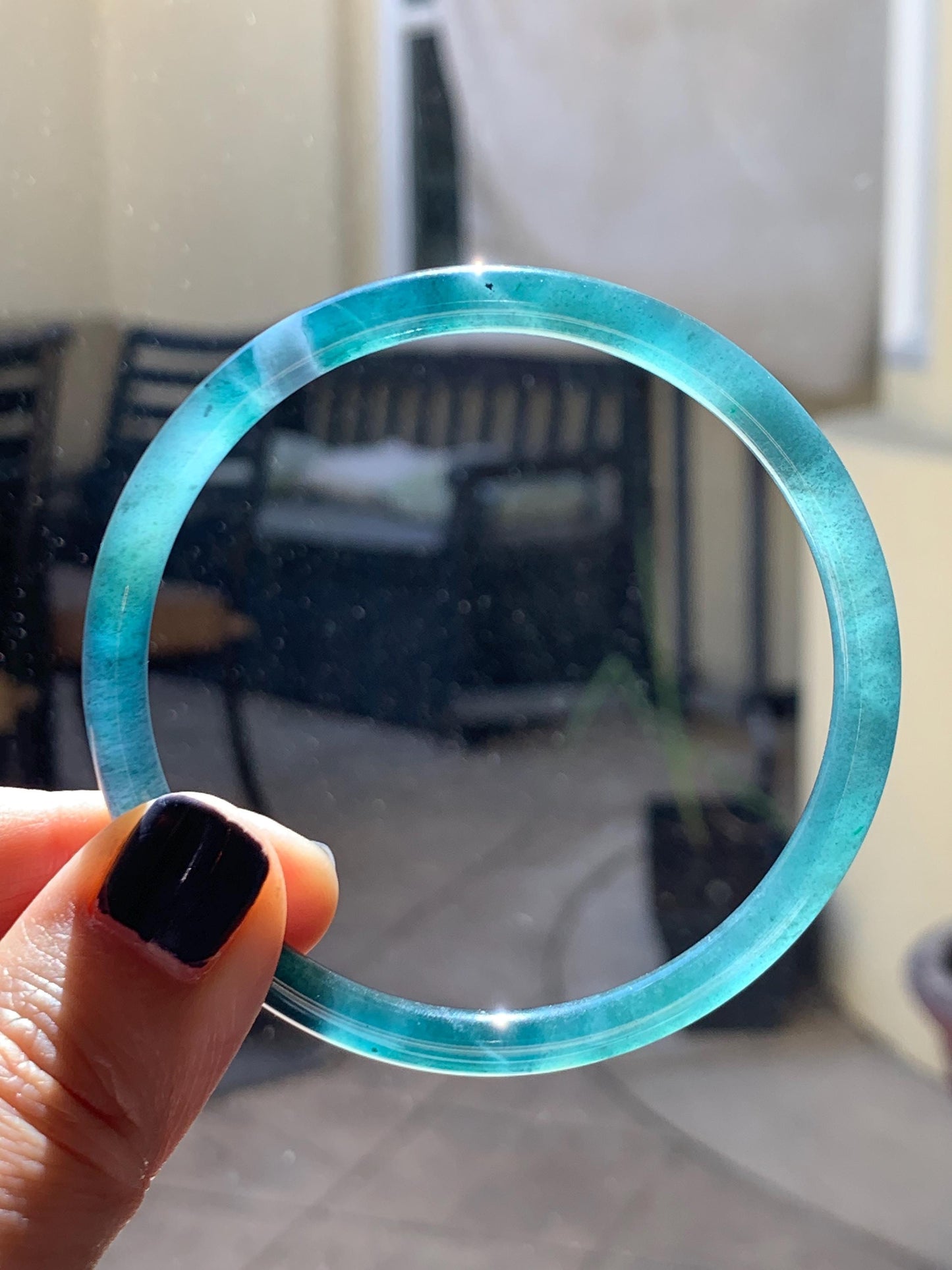 Certified Natural Grade A Guatemalan Icy Translucent Dark Teal Blue Marbled Jade Jadeite Slim Bangle 58mm 7.17” 天然冰胶危深蓝飘花翡翠细圆条手镯 518