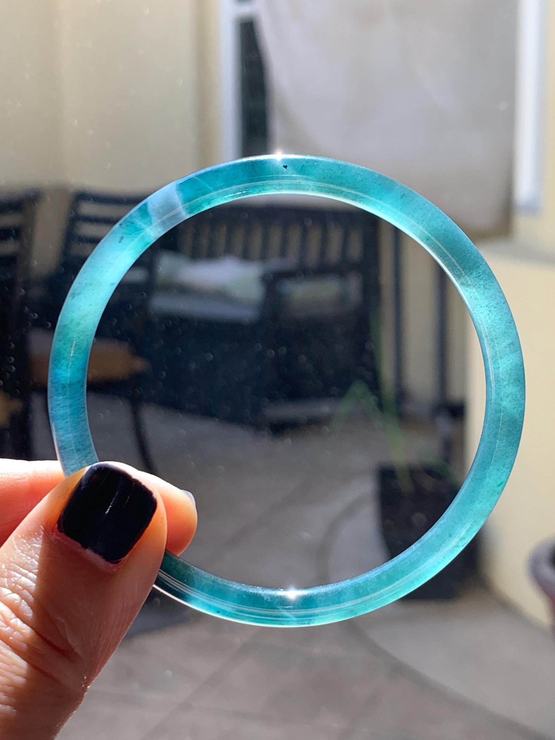 Certified Natural Grade A Guatemalan Icy Translucent Dark Teal Blue Marbled Jade Jadeite Slim Bangle 58mm 7.17” 天然冰胶危深蓝飘花翡翠细圆条手镯 518
