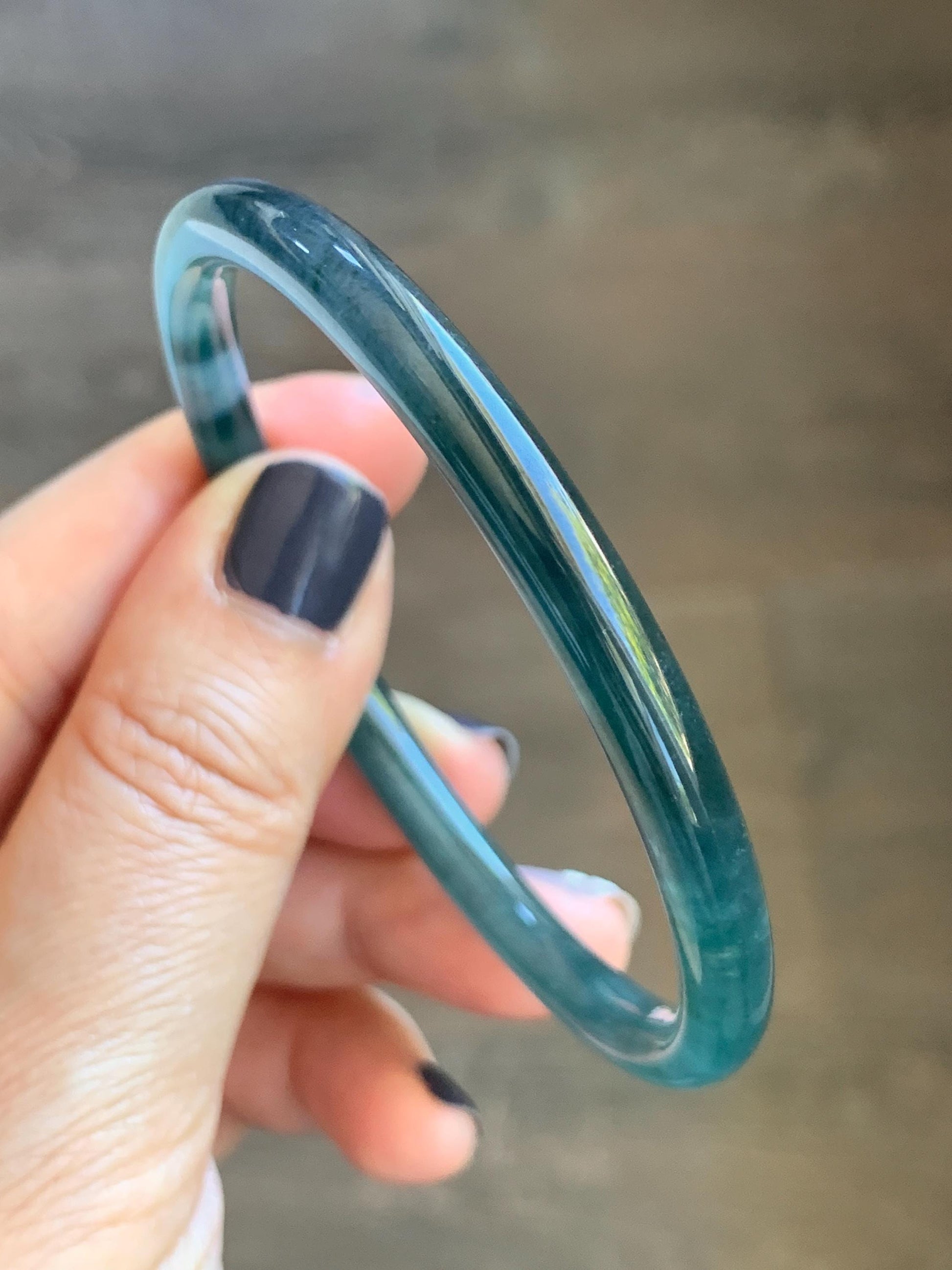 Certified Natural Grade A Guatemalan Icy Translucent Dark Teal Blue Marbled Jade Jadeite Slim Bangle 58mm 7.17” 天然冰胶危深蓝飘花翡翠细圆条手镯 518