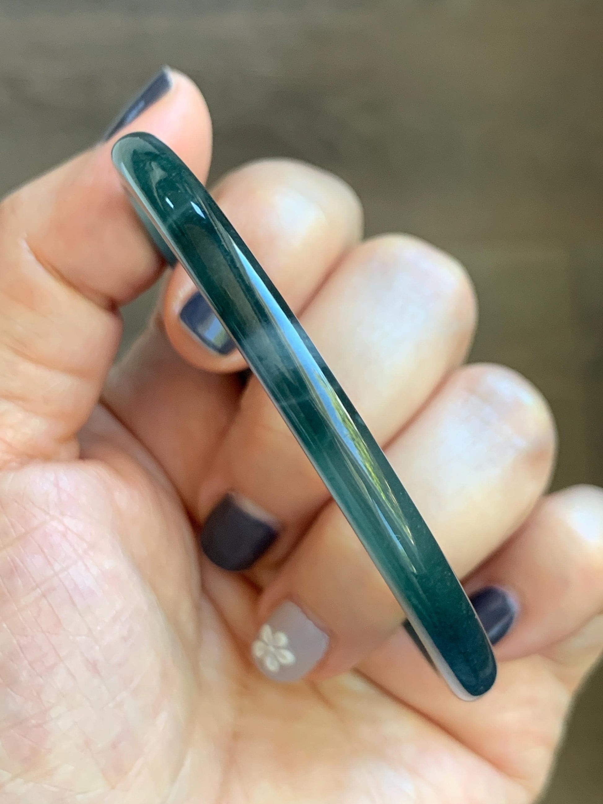 Certified Natural Grade A Guatemalan Icy Translucent Dark Teal Blue Marbled Jade Jadeite Slim Bangle 58mm 7.17” 天然冰胶危深蓝飘花翡翠细圆条手镯 518