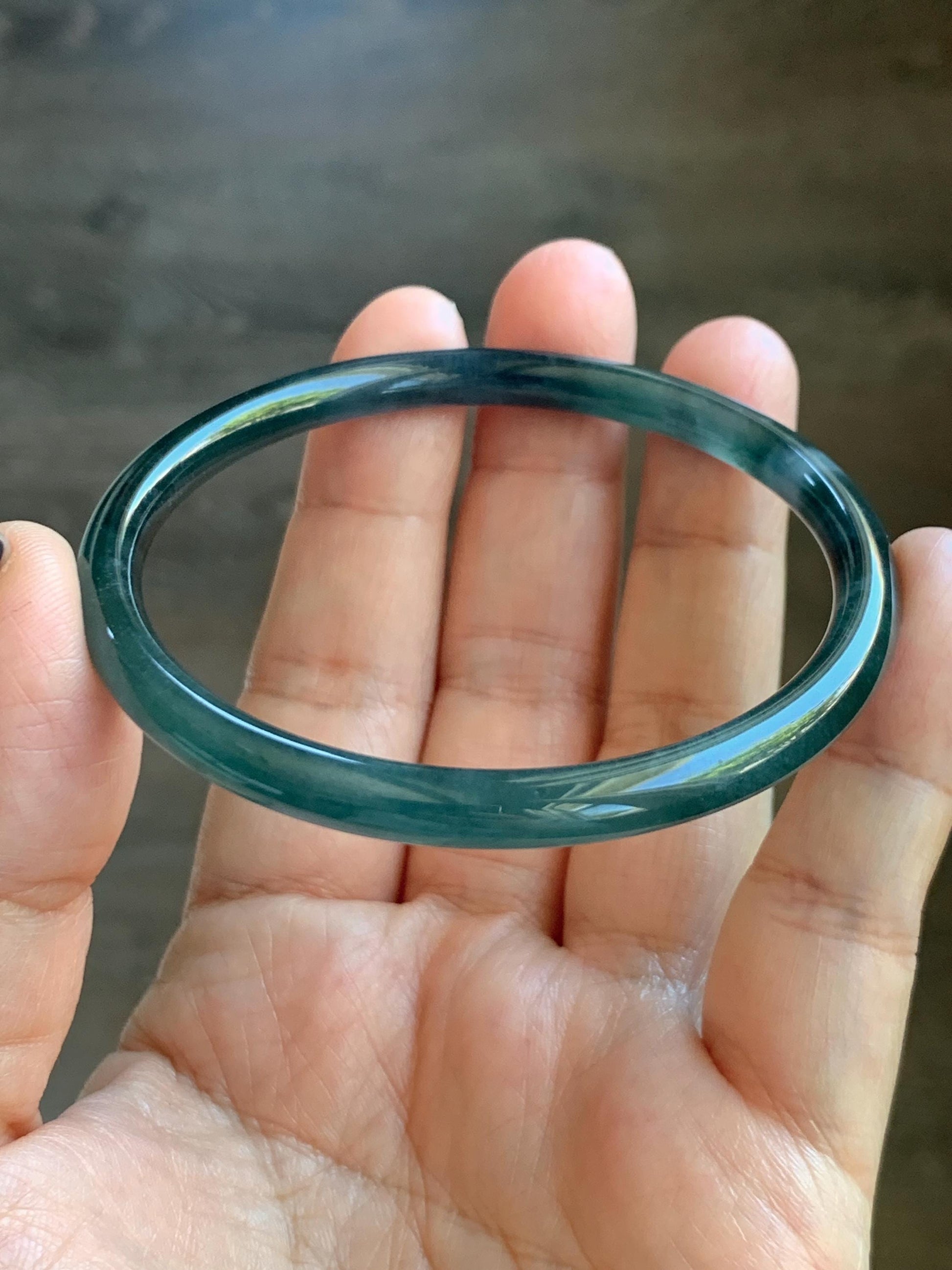 Certified Natural Grade A Guatemalan Icy Translucent Dark Teal Blue Marbled Jade Jadeite Slim Bangle 58mm 7.17” 天然冰胶危深蓝飘花翡翠细圆条手镯 518