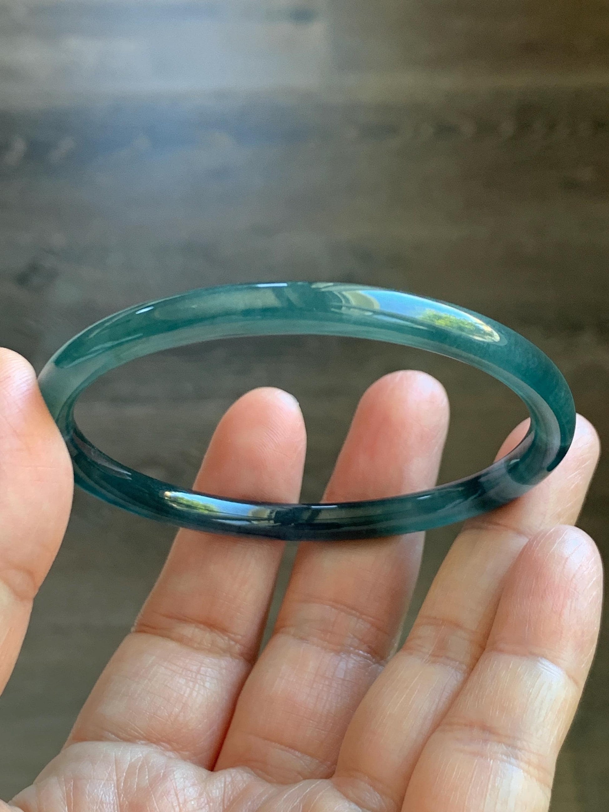 Certified Natural Grade A Guatemalan Icy Translucent Dark Teal Blue Marbled Jade Jadeite Slim Bangle 58mm 7.17” 天然冰胶危深蓝飘花翡翠细圆条手镯 518
