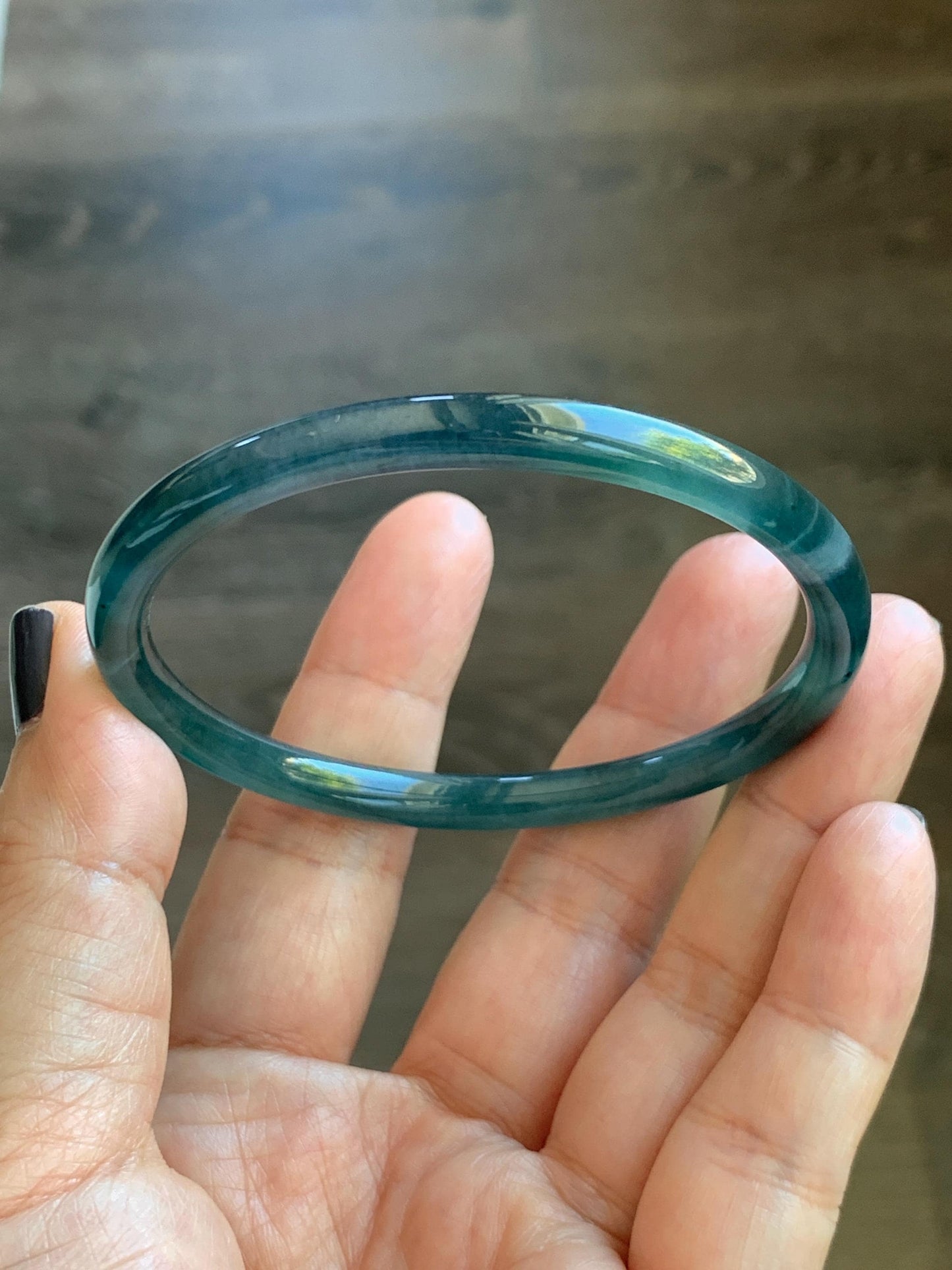 Certified Natural Grade A Guatemalan Icy Translucent Dark Teal Blue Marbled Jade Jadeite Slim Bangle 58mm 7.17” 天然冰胶危深蓝飘花翡翠细圆条手镯 518