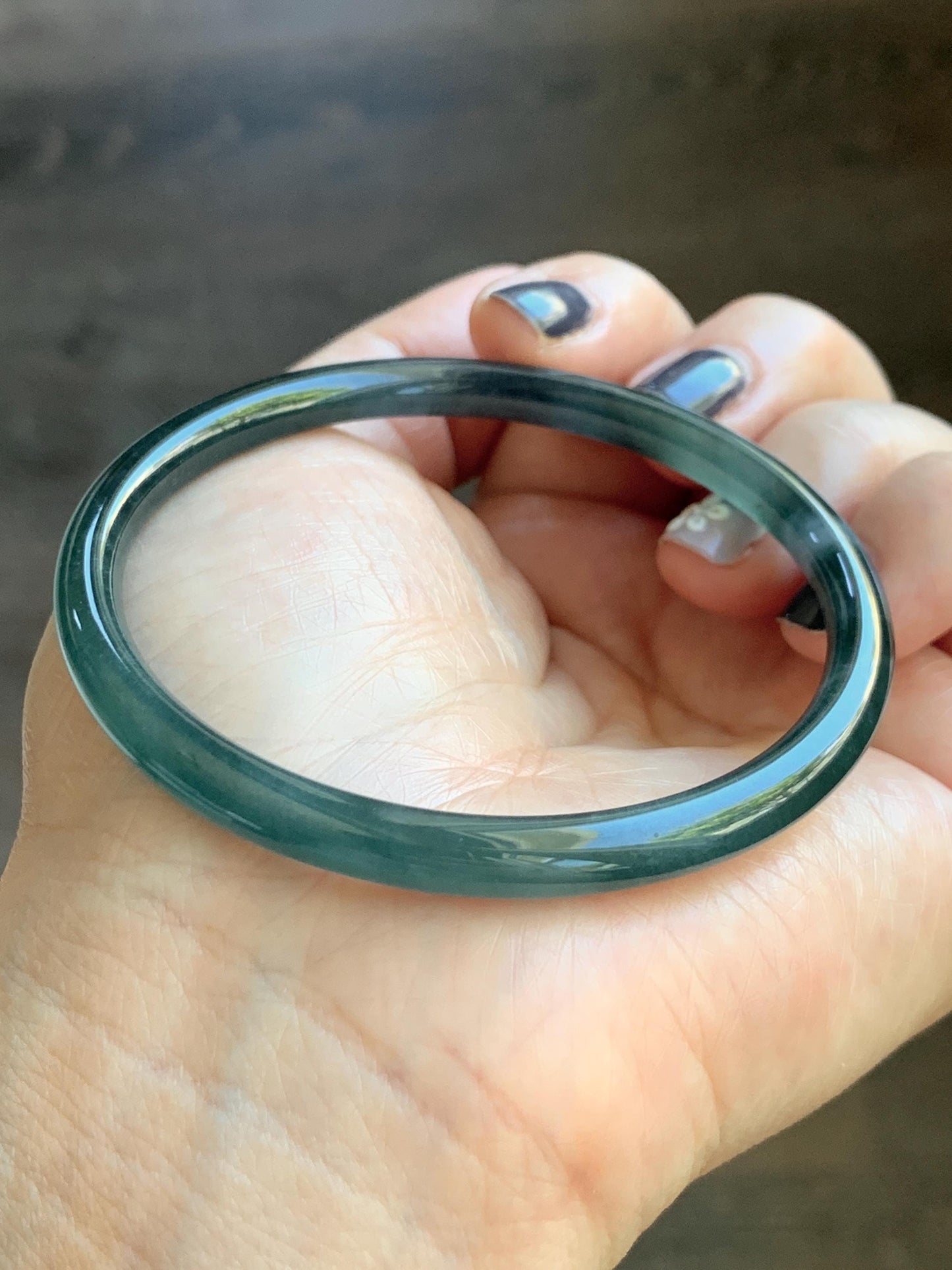 Certified Natural Grade A Guatemalan Icy Translucent Dark Teal Blue Marbled Jade Jadeite Slim Bangle 58mm 7.17” 天然冰胶危深蓝飘花翡翠细圆条手镯 518