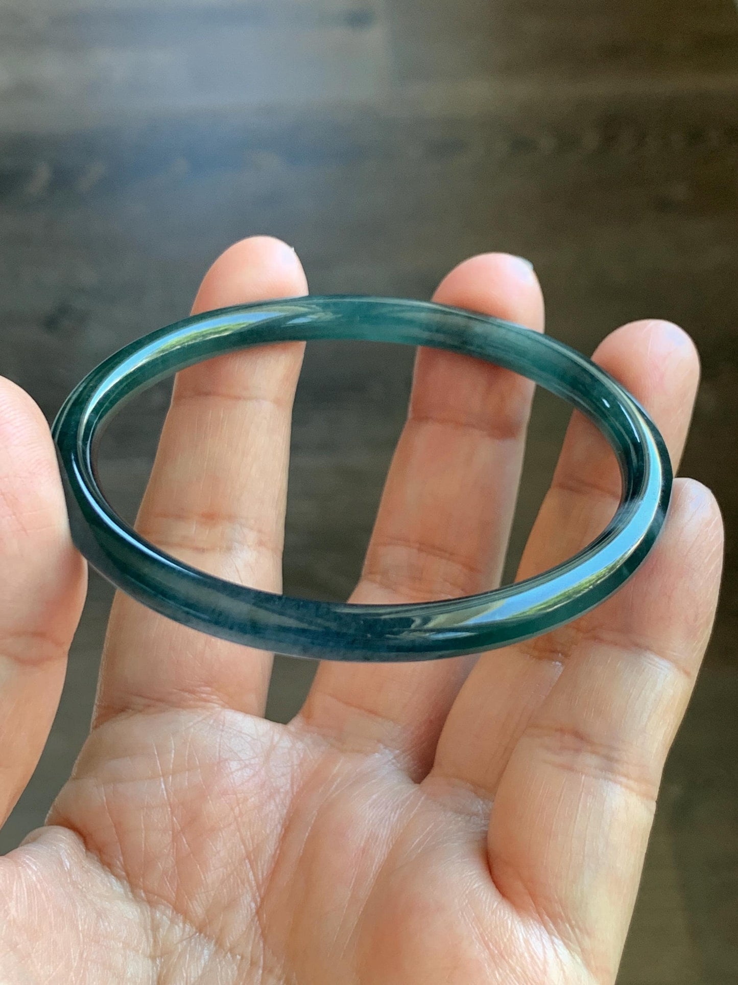 Certified Natural Grade A Guatemalan Icy Translucent Dark Teal Blue Marbled Jade Jadeite Slim Bangle 58mm 7.17” 天然冰胶危深蓝飘花翡翠细圆条手镯 518