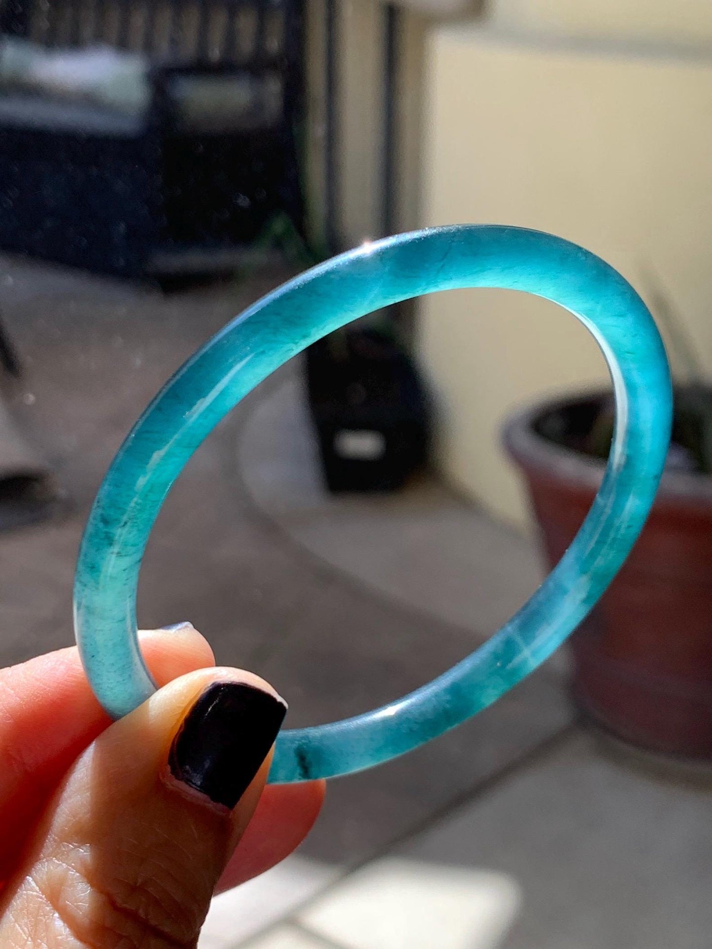 Certified Natural Grade A Guatemalan Icy Translucent Dark Teal Blue Marbled Jade Jadeite Slim Bangle 57.9mm 7.16” 天然冰胶危深蓝飘花翡翠细圆条手镯 516