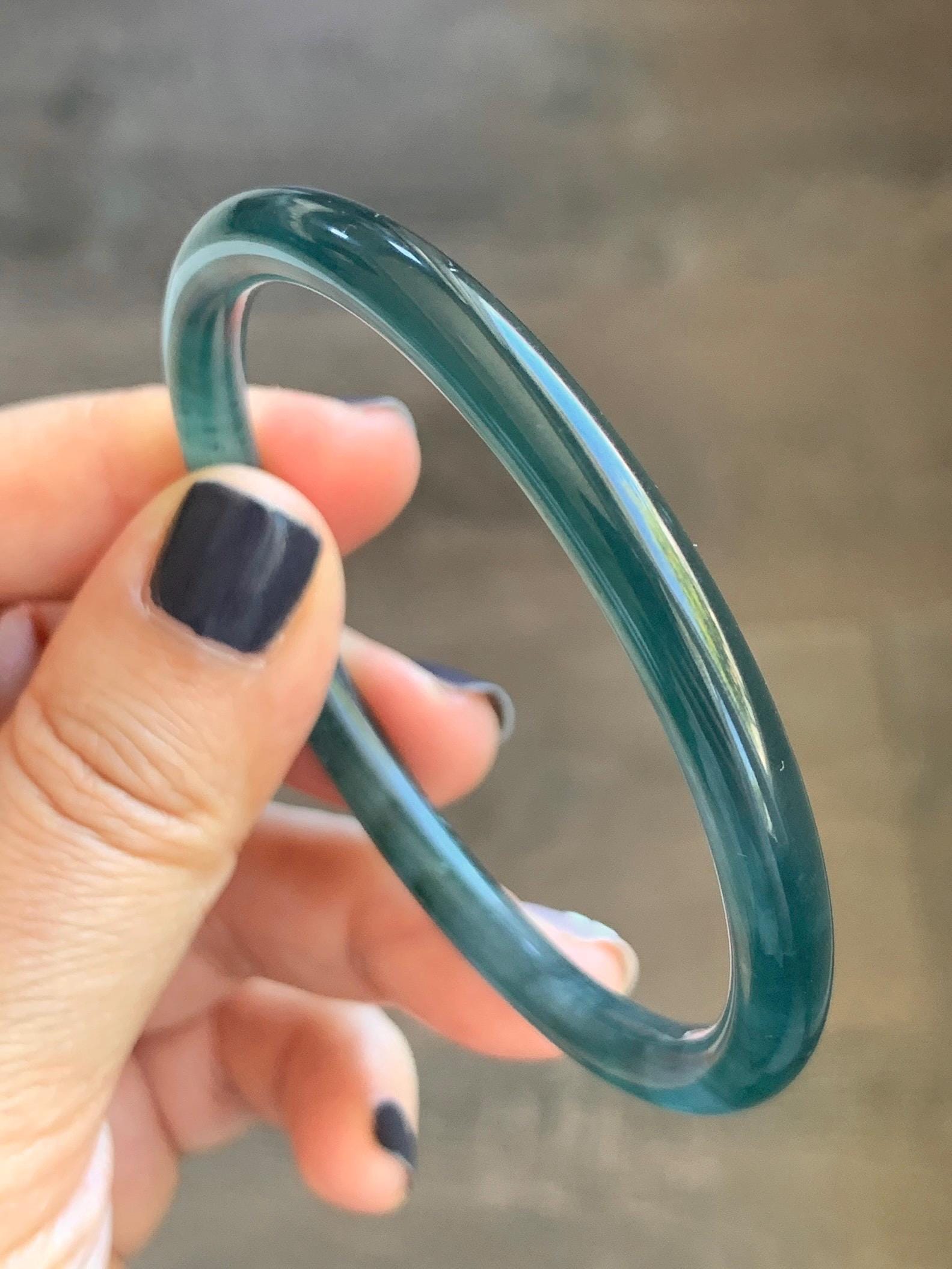 Certified Natural Grade A Guatemalan Icy Translucent Dark Teal Blue Marbled Jade Jadeite Slim Bangle 57.9mm 7.16” 天然冰胶危深蓝飘花翡翠细圆条手镯 516