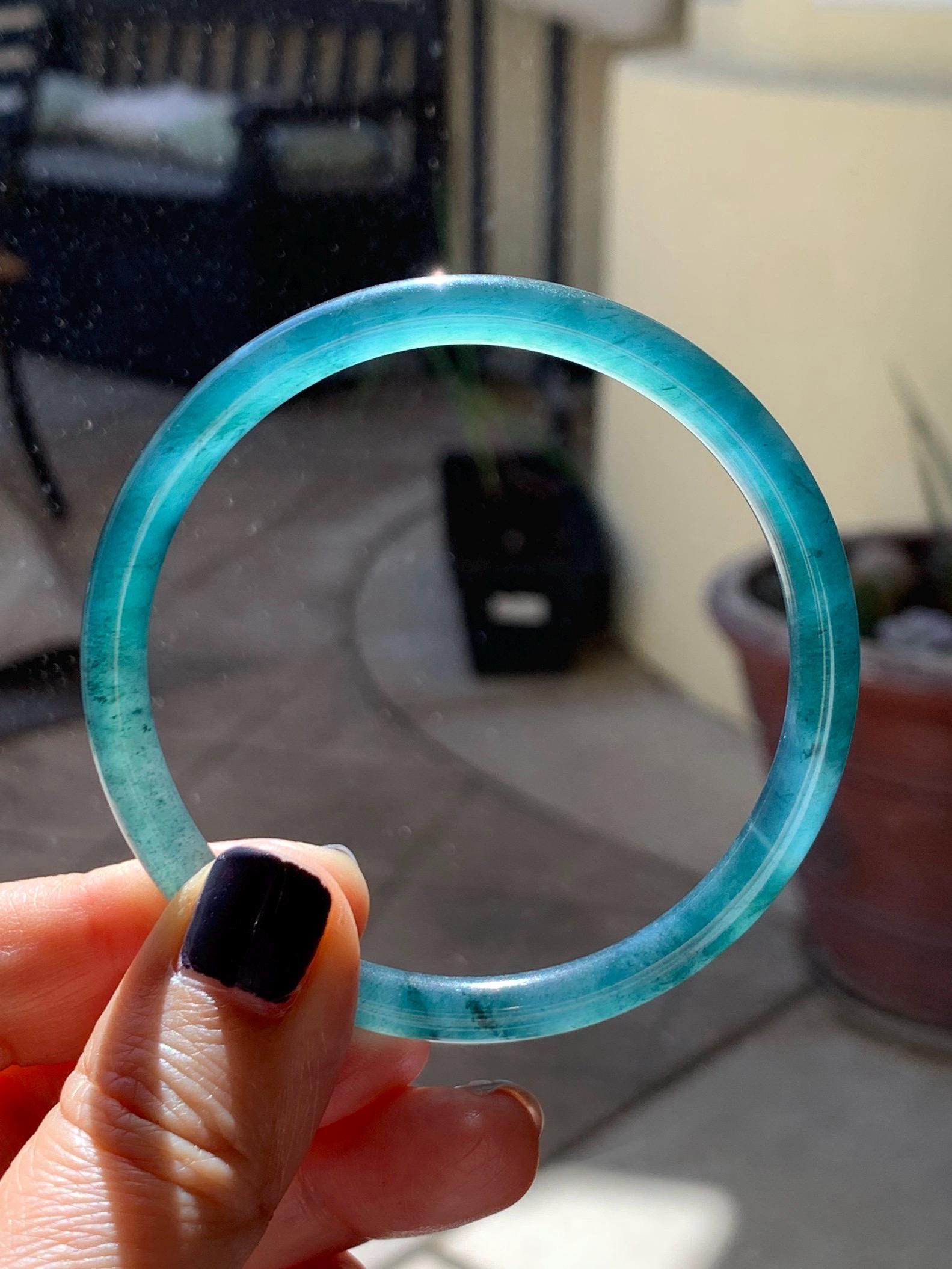 Certified Natural Grade A Guatemalan Icy Translucent Dark Teal Blue Marbled Jade Jadeite Slim Bangle 57.9mm 7.16” 天然冰胶危深蓝飘花翡翠细圆条手镯 516