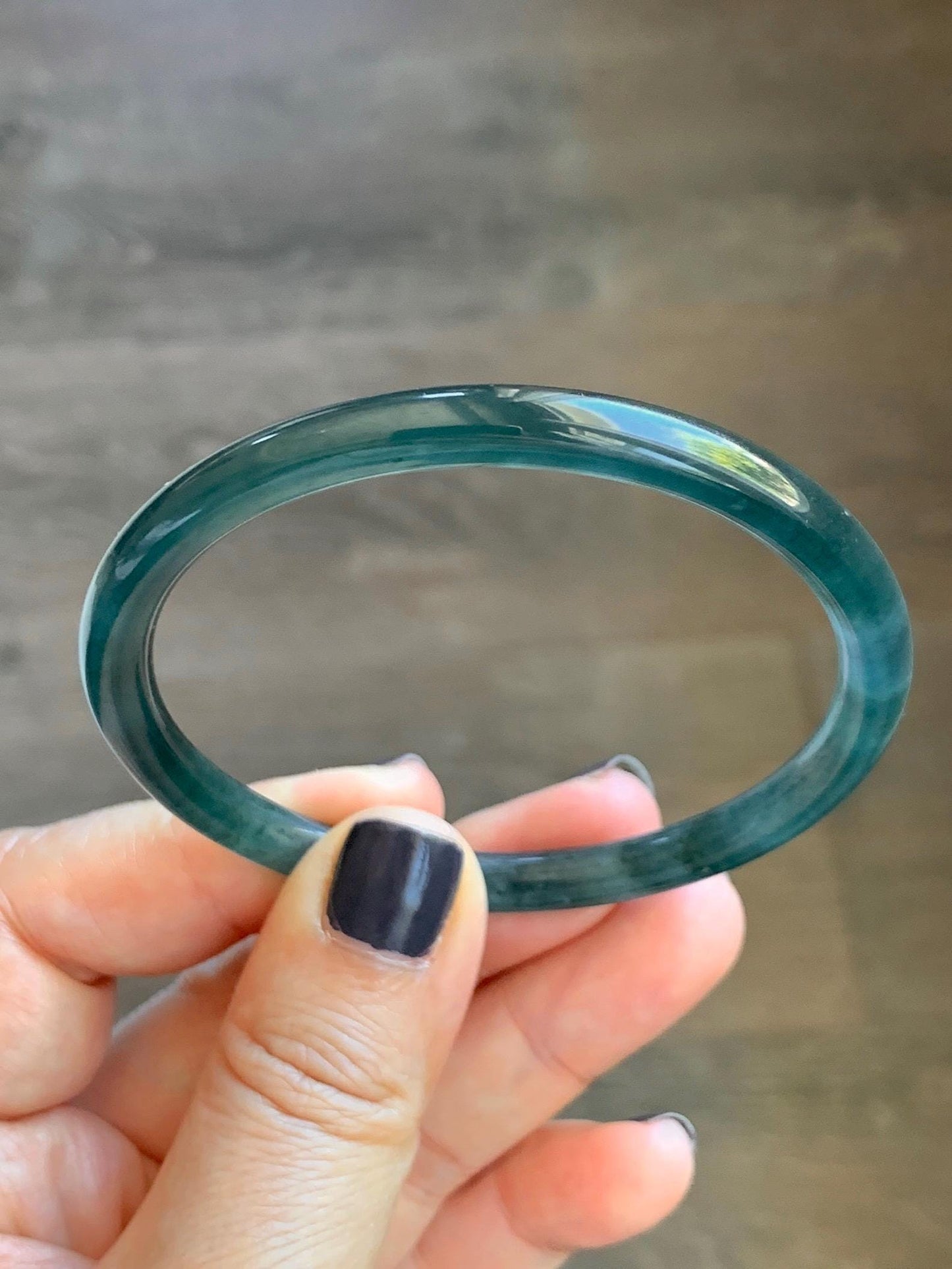Certified Natural Grade A Guatemalan Icy Translucent Dark Teal Blue Marbled Jade Jadeite Slim Bangle 57.9mm 7.16” 天然冰胶危深蓝飘花翡翠细圆条手镯 516
