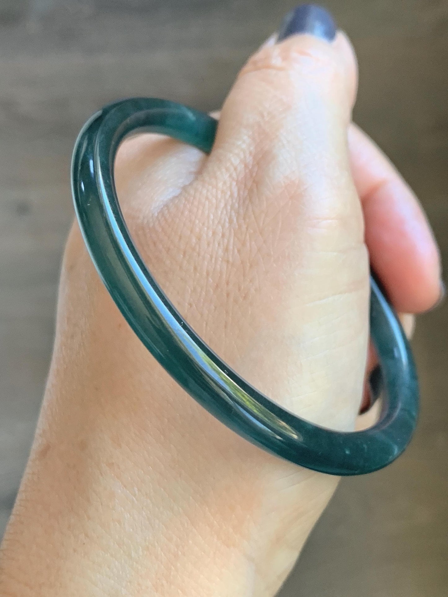 Certified Natural Grade A Guatemalan Icy Translucent Dark Teal Blue Marbled Jade Jadeite Slim Bangle 57.9mm 7.16” 天然冰胶危深蓝飘花翡翠细圆条手镯 516